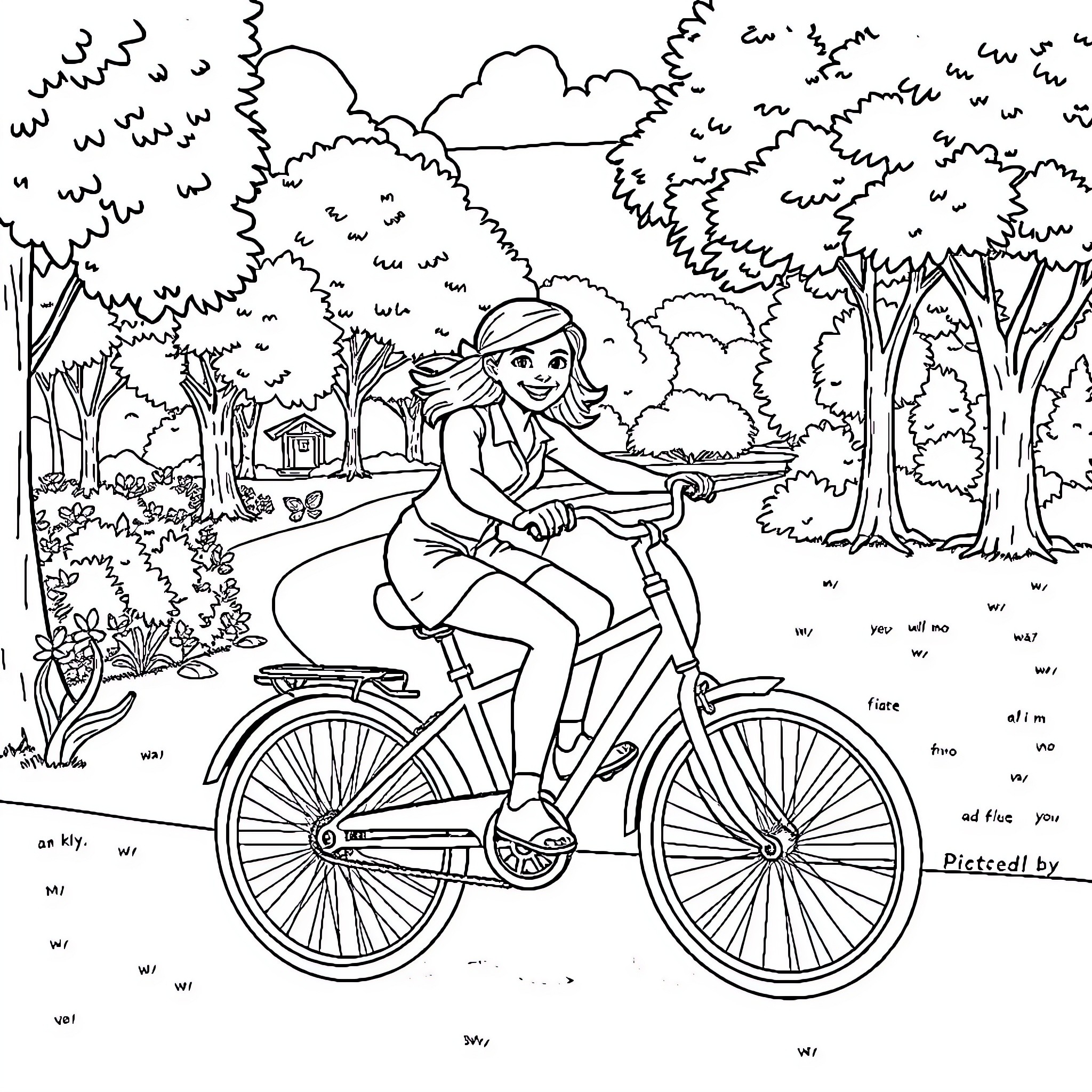 Ms Rachel Cycling Joyfully in the Scenic Park Coloring Page (free black-and-white line drawing printable PDF for all, from beginners to advanced learners, including children, teens, adults, and seniors)
