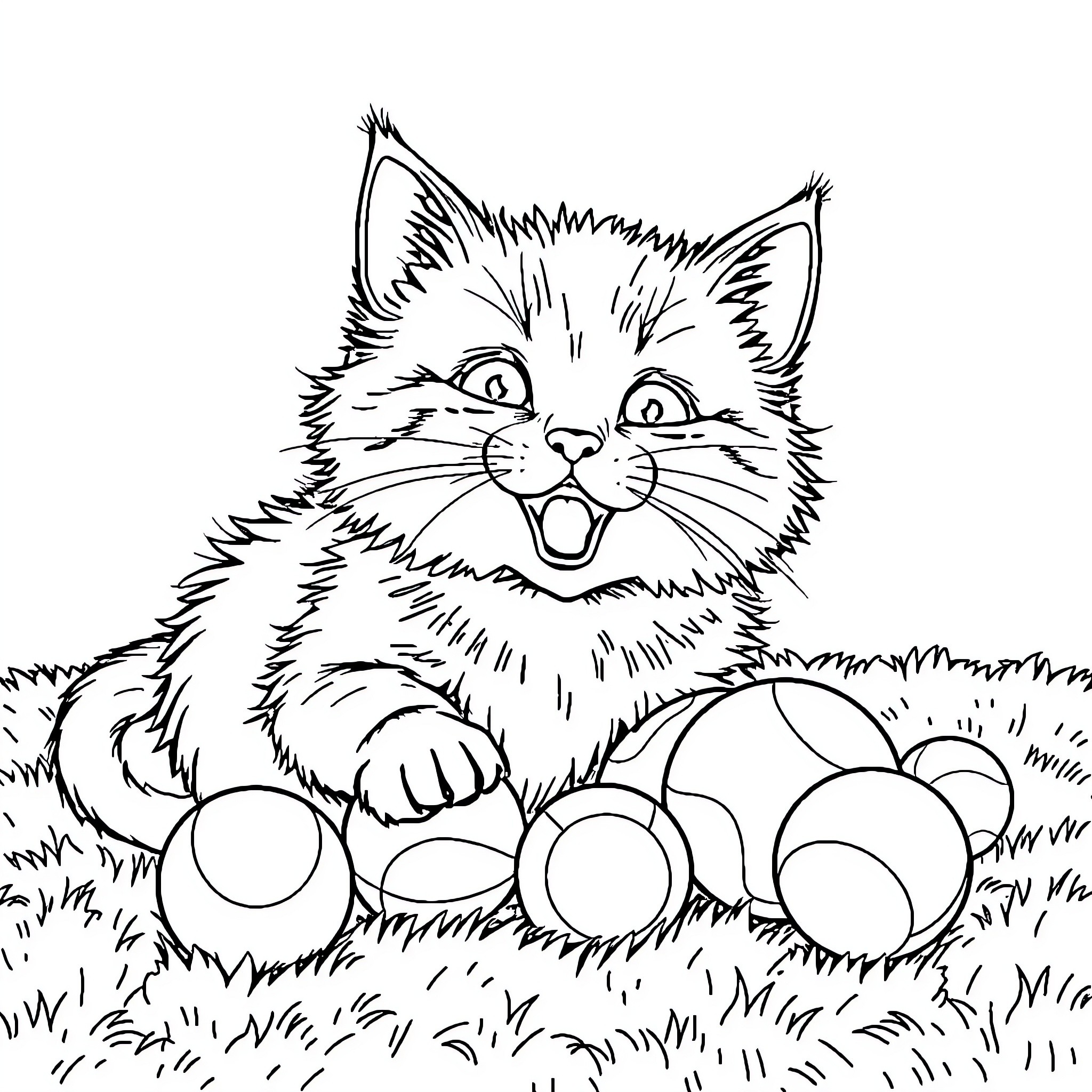 Cat playing in the grass Coloring Page (free black-and-white line drawing printable PDF for all, from beginners to advanced learners, including children, teens, adults, and seniors)