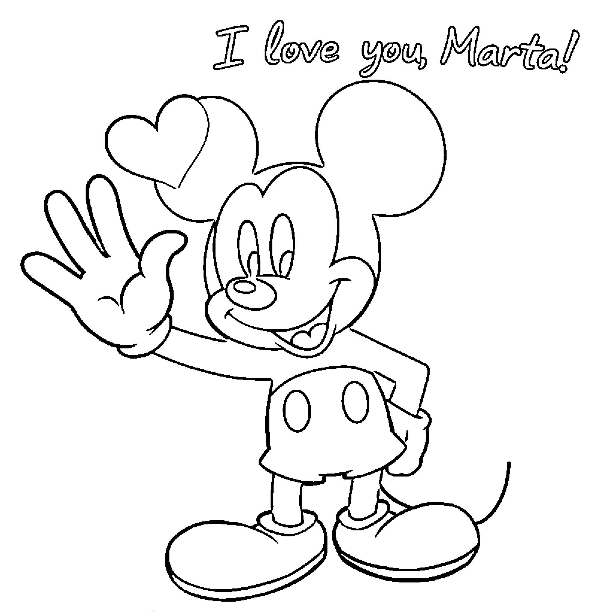 Mickey Mouse happily expressing love and affection Coloring Page (free black-and-white line drawing printable PDF for all, from beginners to advanced learners, including children, teens, adults, and seniors)
