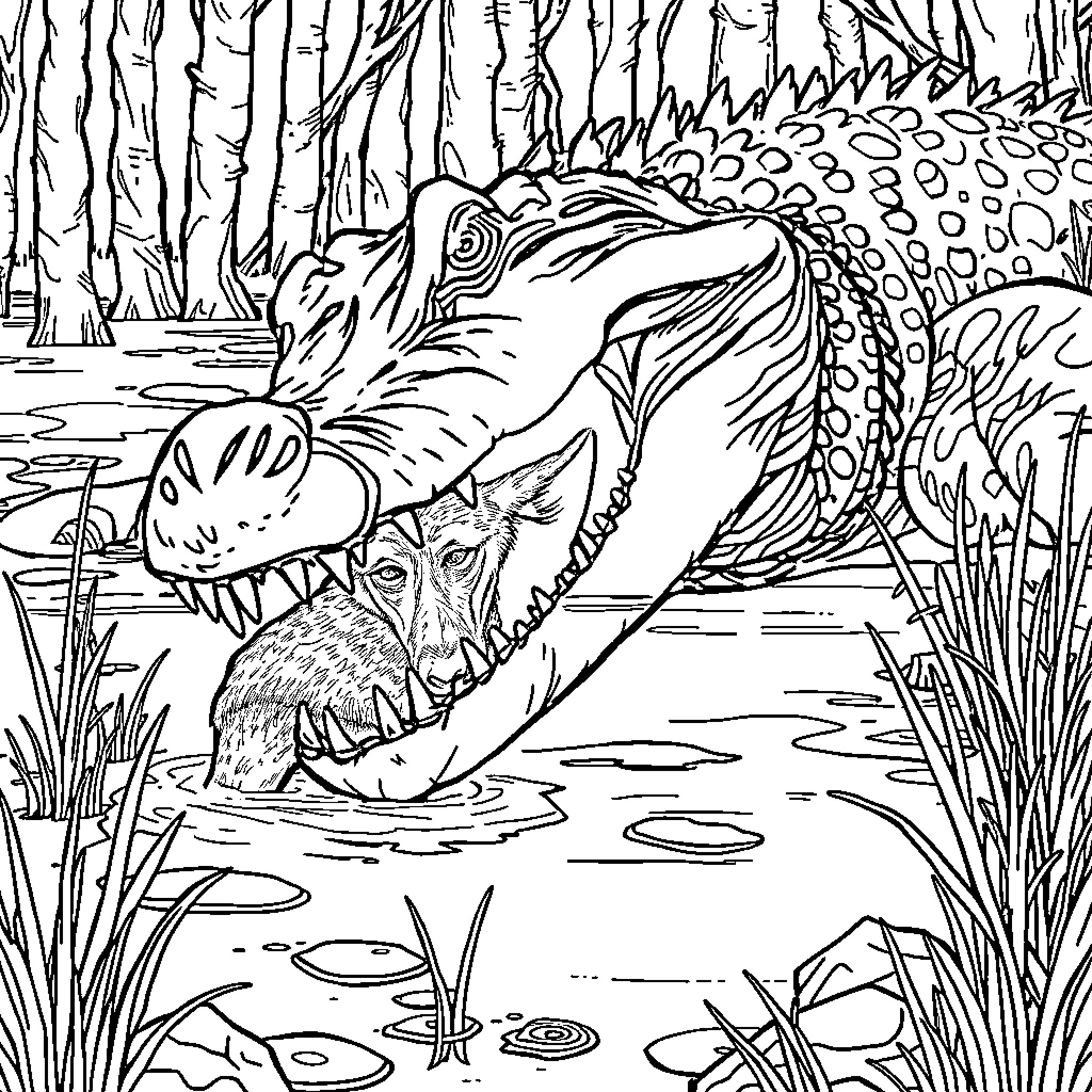 Alligator hunting prey in the swamp Coloring Page (free black-and-white line drawing printable PDF for all, from beginners to advanced learners, including children, teens, adults, and seniors)