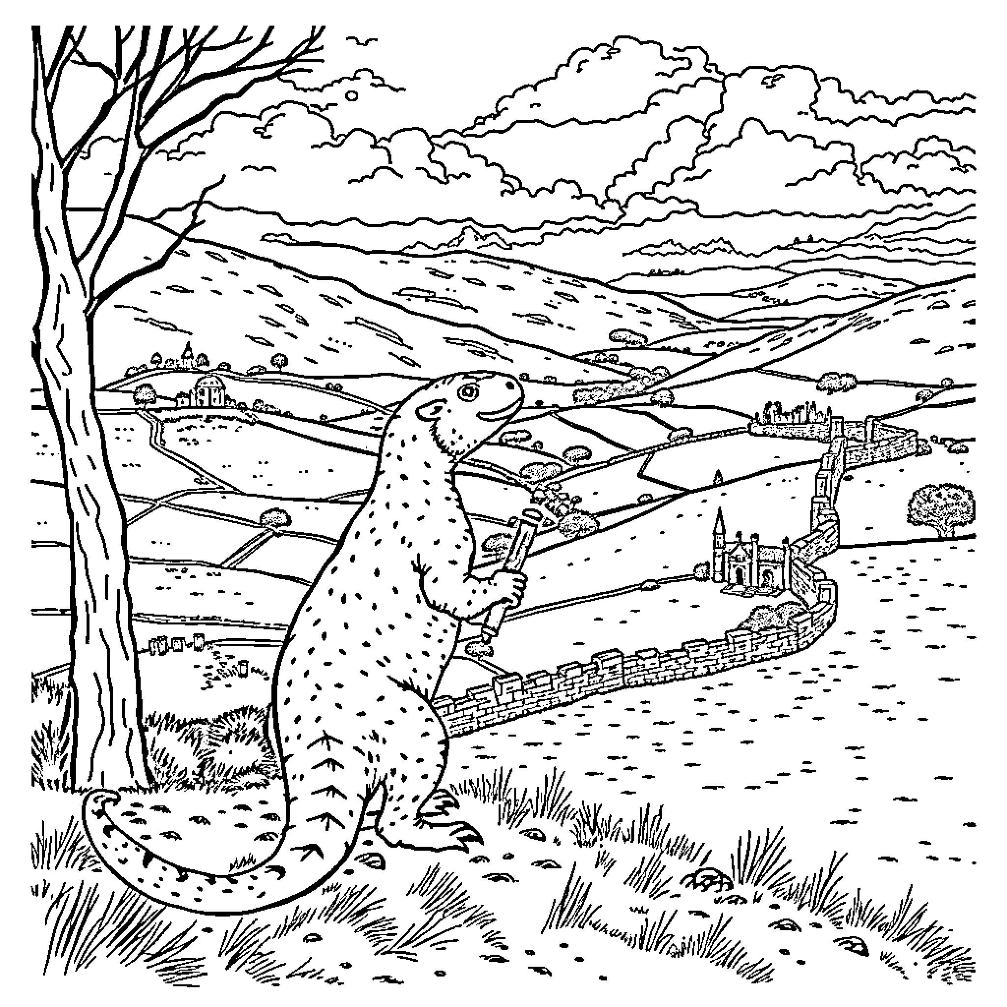 Huntrex Creature Observing Rural Landscape Coloring Page (free black-and-white line drawing printable PDF for all, from beginners to advanced learners, including children, teens, adults, and seniors)