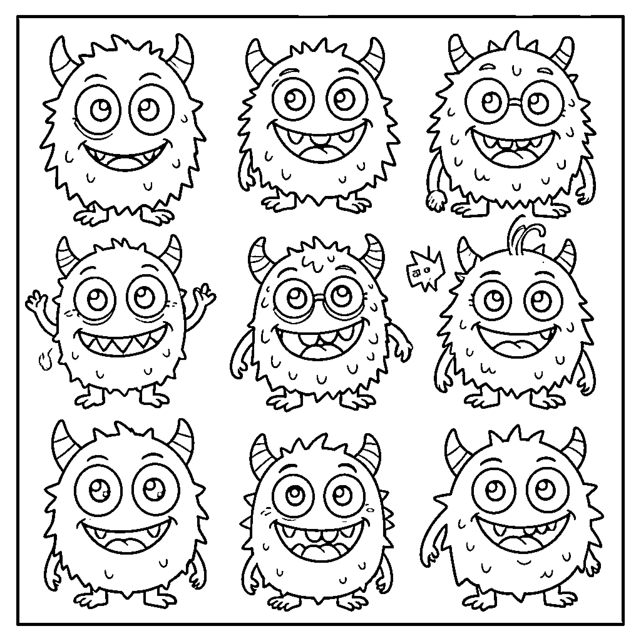 Monster characters showing various happy and silly expressions Coloring Page (free black-and-white line drawing printable PDF for all, from beginners to advanced learners, including children, teens, adults, and seniors)