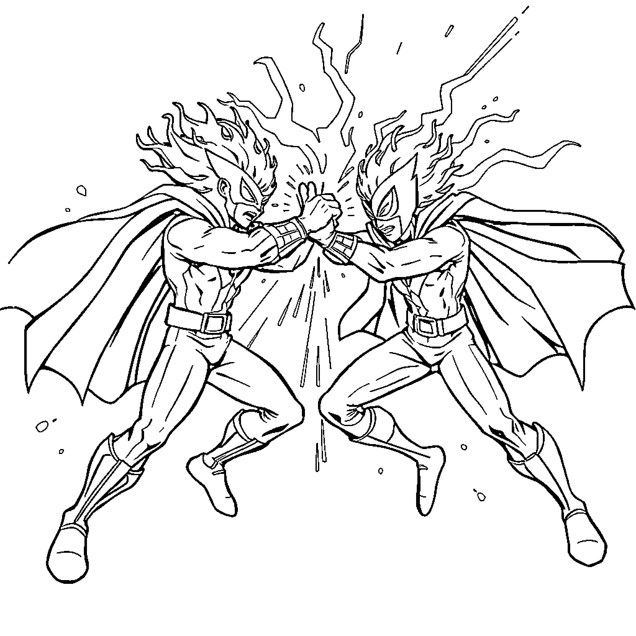 Superthings Heroic Battle in Motion Coloring Page (free black-and-white line drawing printable PDF for all, from beginners to advanced learners, including children, teens, adults, and seniors)