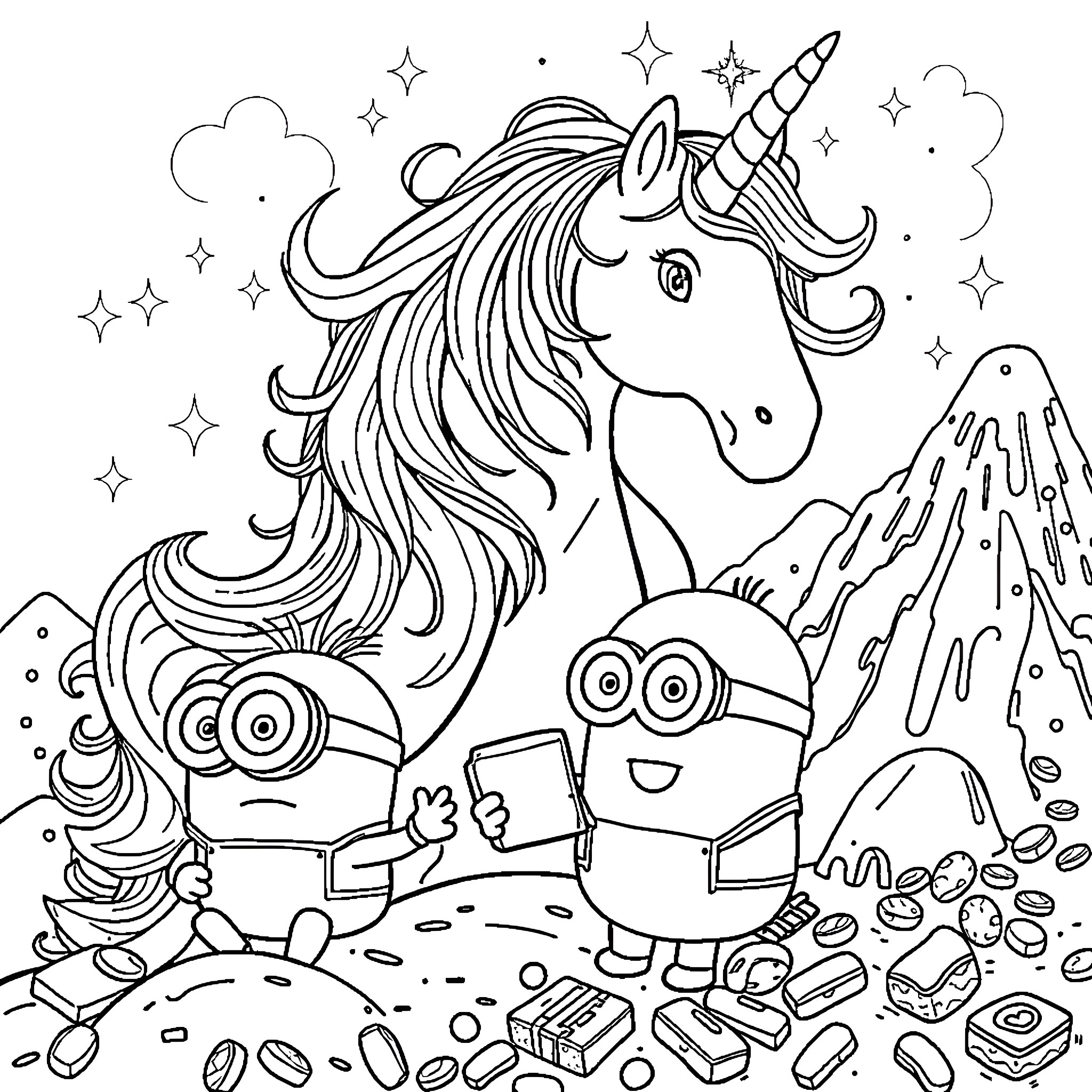 Unicorn enchanting the magical landscape with minions Coloring Page (free black-and-white line drawing printable PDF for all, from beginners to advanced learners, including children, teens, adults, and seniors)