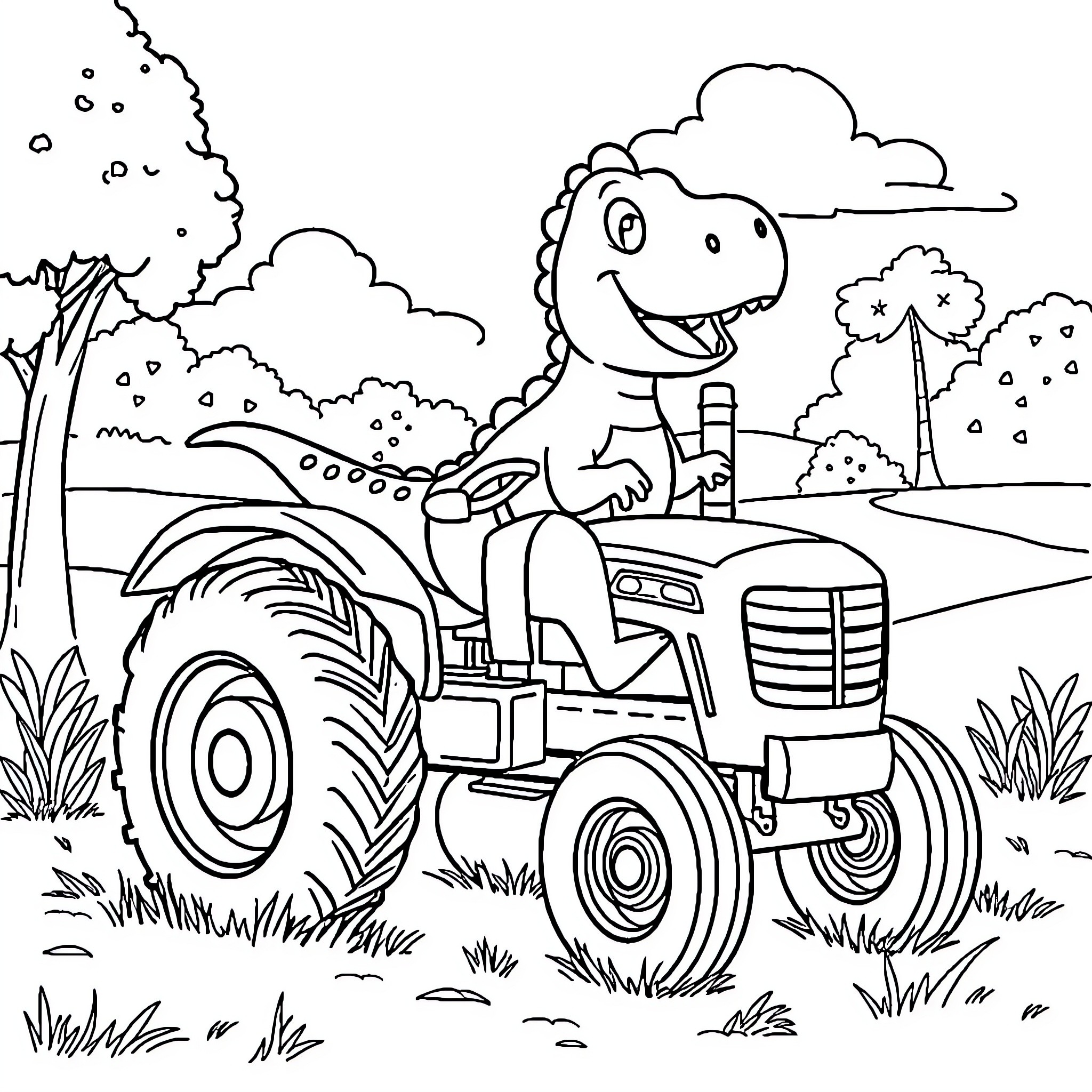Dinosaur driving tractor in the countryside Coloring Page (free black-and-white line drawing printable PDF for all, from beginners to advanced learners, including children, teens, adults, and seniors)