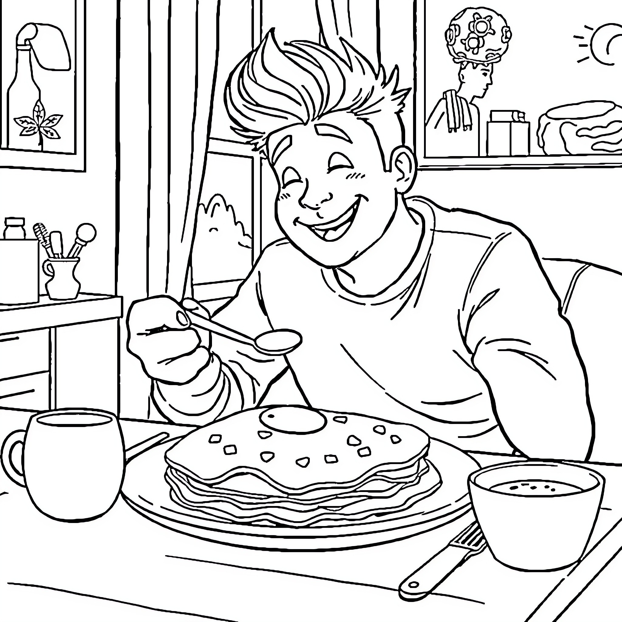 Markiplier enjoying a delicious breakfast at home Coloring Page (free black-and-white line drawing printable PDF for all, from beginners to advanced learners, including children, teens, adults, and seniors)