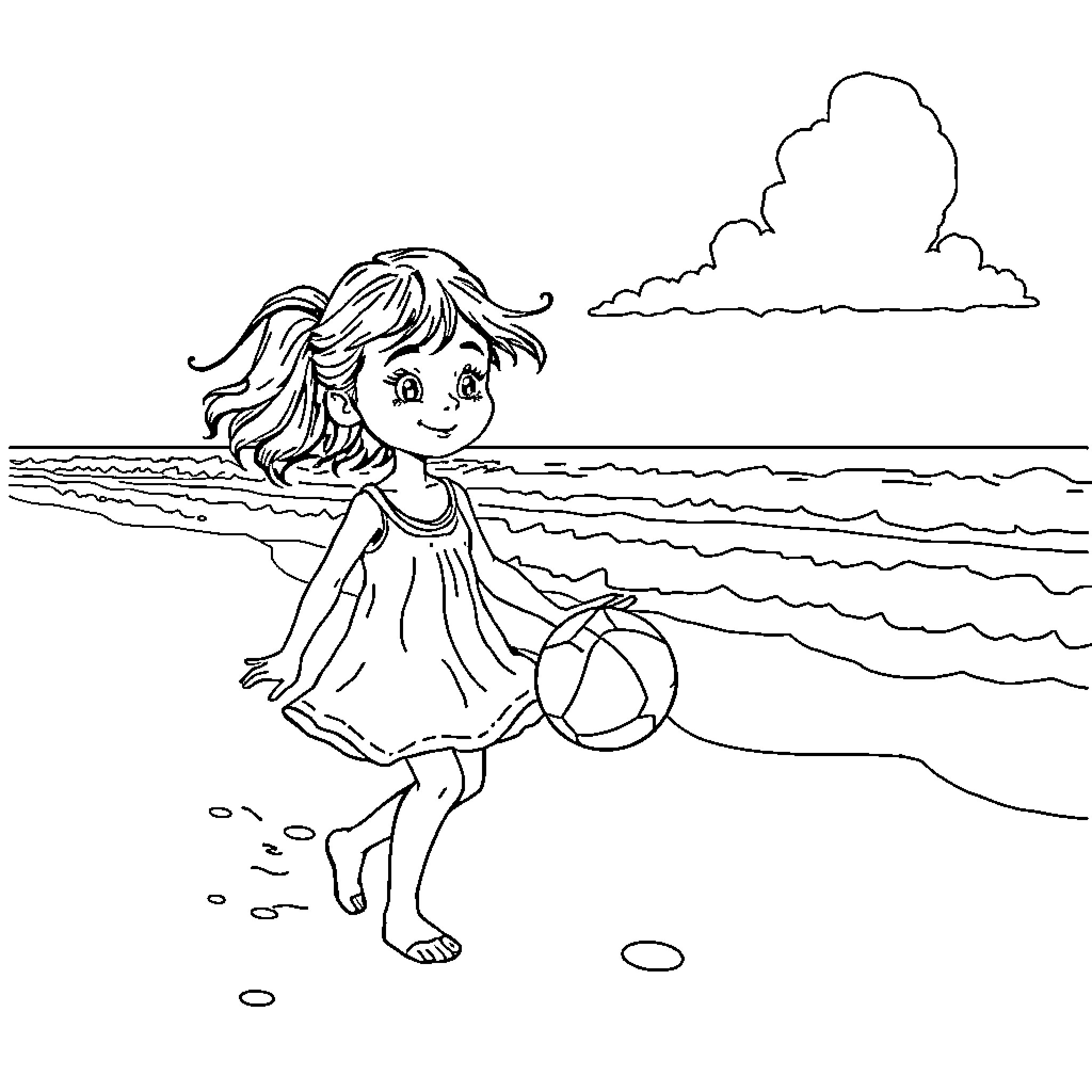 Nina playing happily on the beach Coloring Page (free black-and-white line drawing printable PDF for all, from beginners to advanced learners, including children, teens, adults, and seniors)