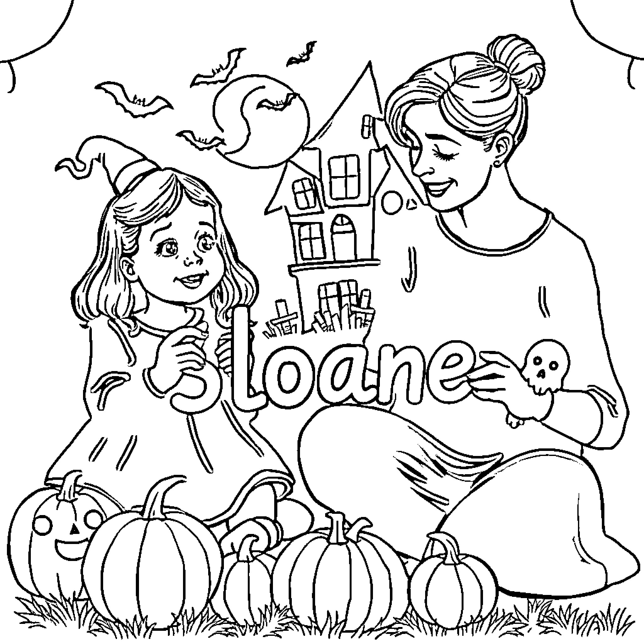 Halloween fun with friends and pumpkins Coloring Page (free black-and-white line drawing printable PDF for all, from beginners to advanced learners, including children, teens, adults, and seniors)