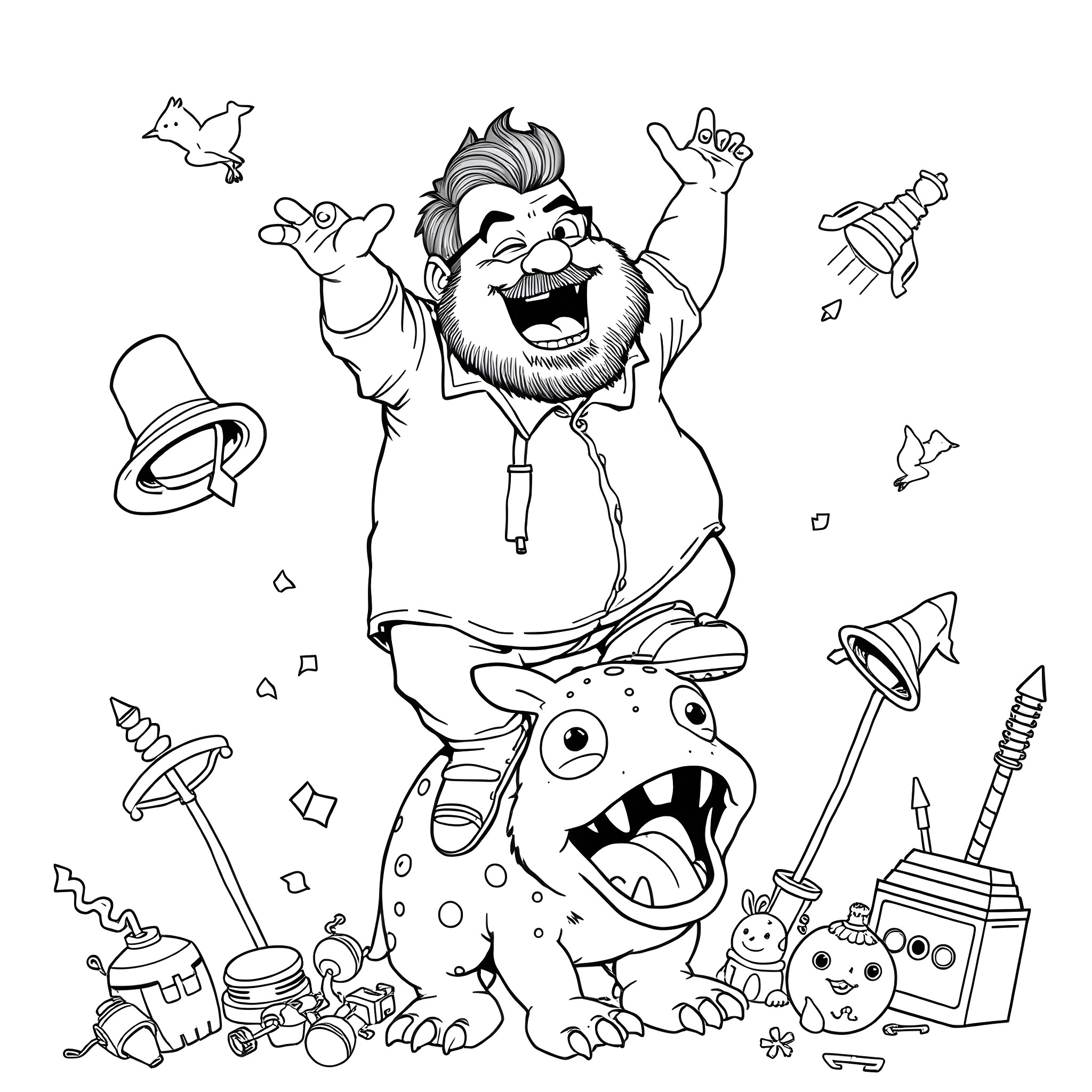 Chris Farley's hilarious antics with a zany creature Coloring Page (free black-and-white line drawing printable PDF for all, from beginners to advanced learners, including children, teens, adults, and seniors)