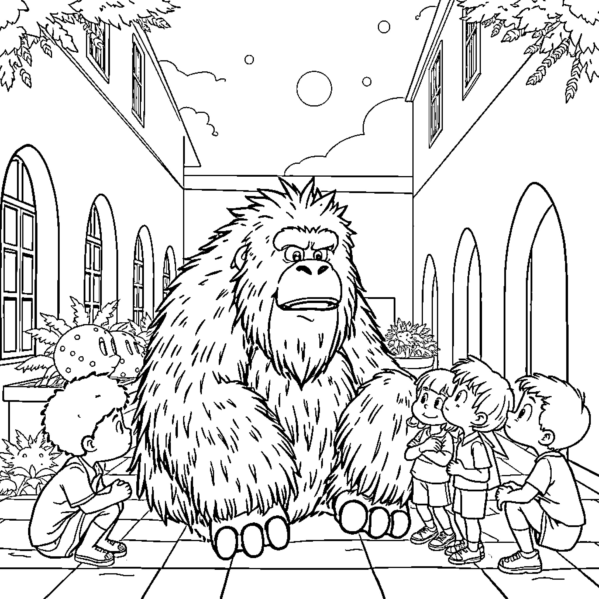Yeti entertaining children in the village Coloring Page (free black-and-white line drawing printable PDF for all, from beginners to advanced learners, including children, teens, adults, and seniors)