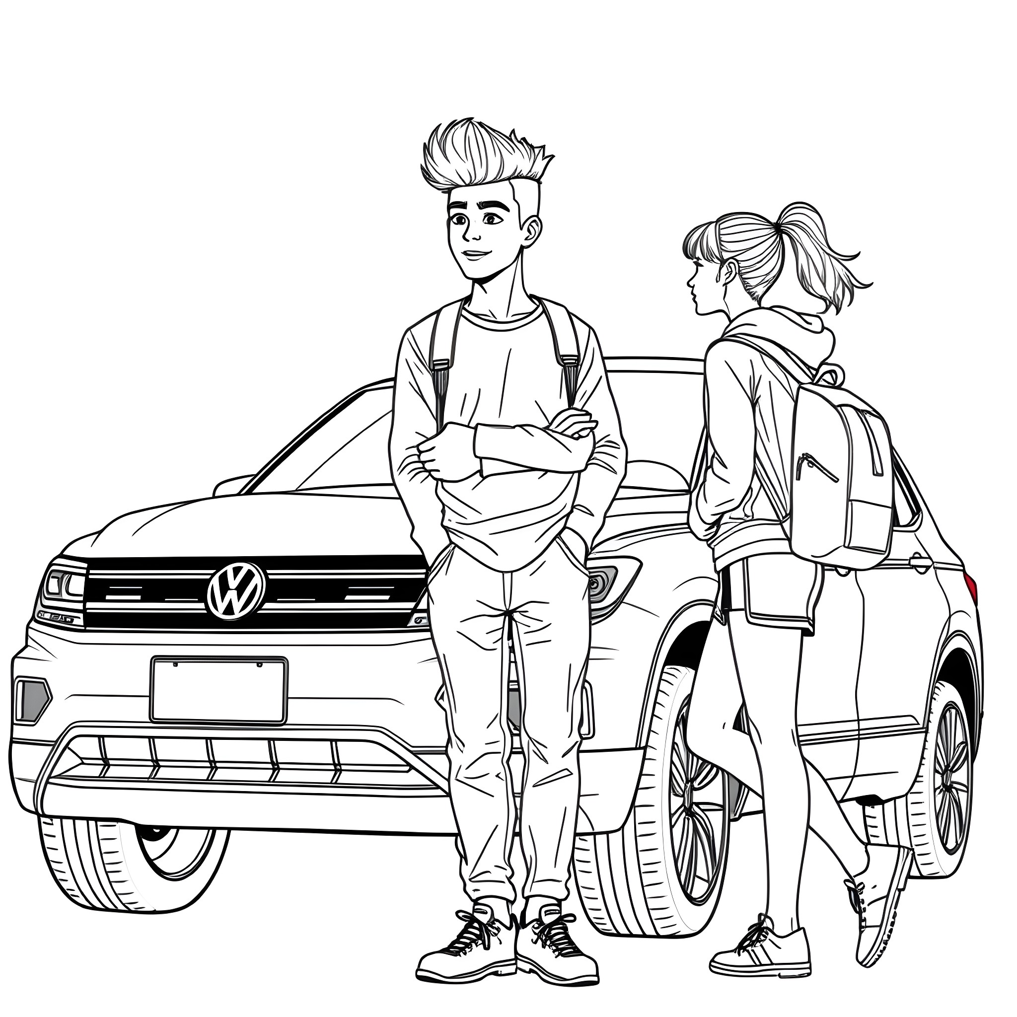 Teen couple pose near their car Coloring Page (free black-and-white line drawing printable PDF for all, from beginners to advanced learners, including children, teens, adults, and seniors)