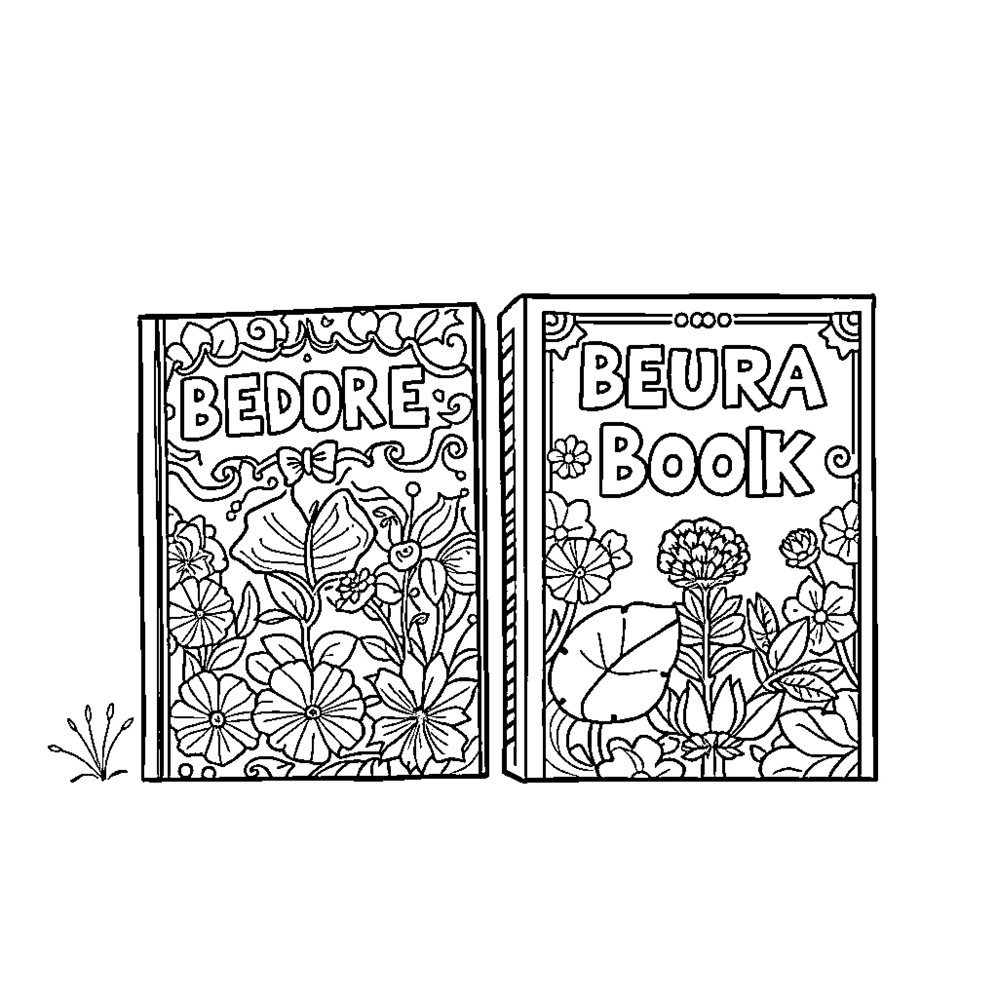 Cover of Bedore and Beura Books with Floral Designs Coloring Page (free black-and-white line drawing printable PDF for all, from beginners to advanced learners, including children, teens, adults, and seniors)