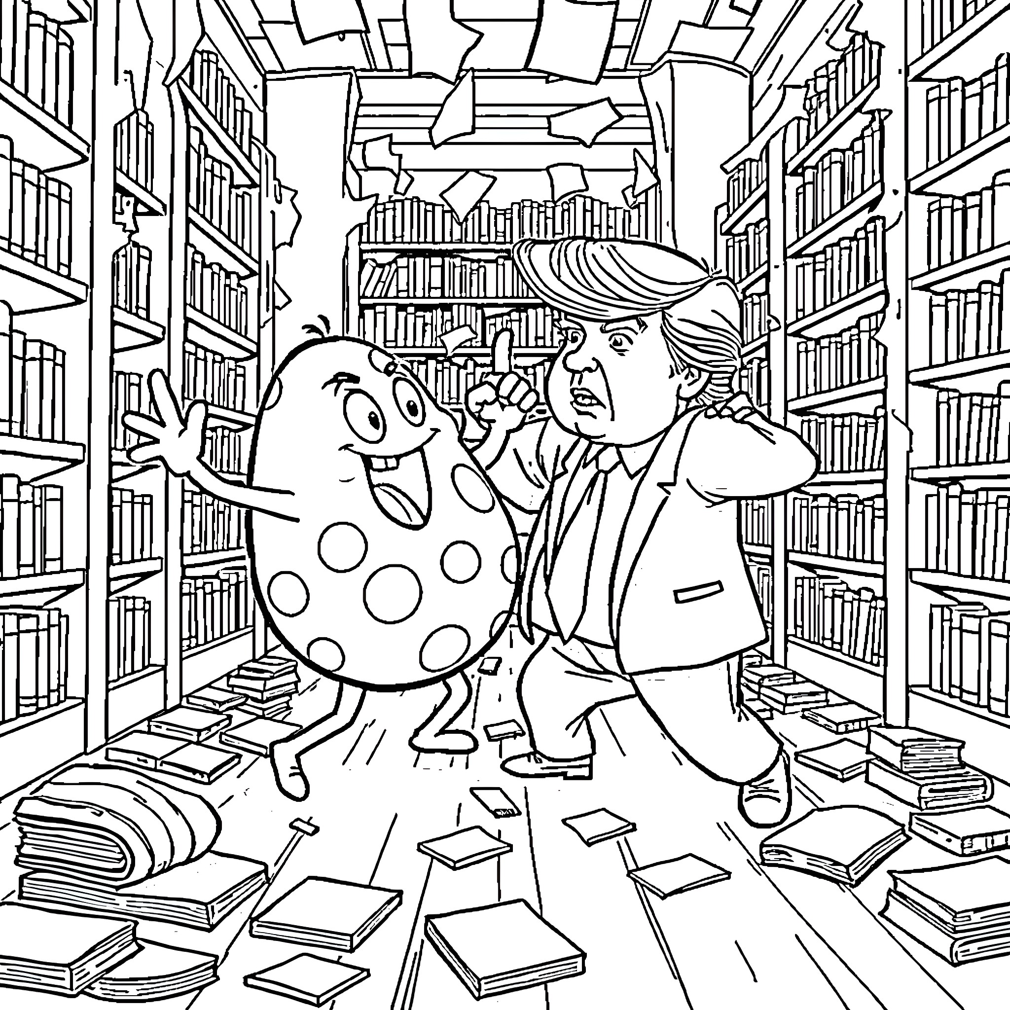 Mr Blobby causing chaos in the library Coloring Page (free black-and-white line drawing printable PDF for all, from beginners to advanced learners, including children, teens, adults, and seniors)