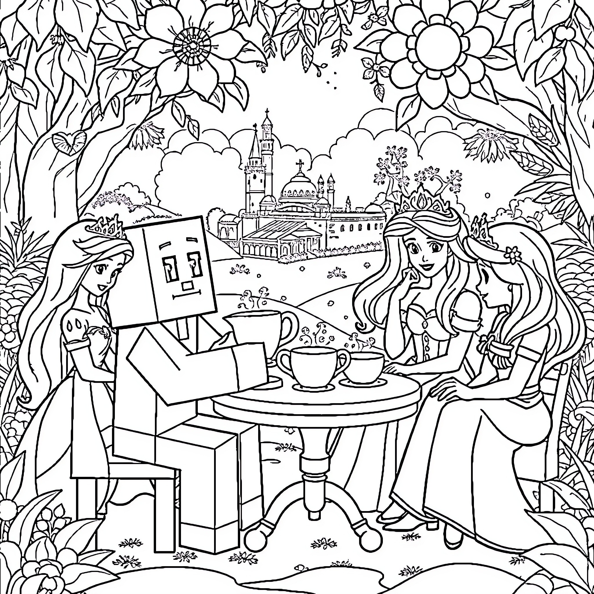 Steve's Creative Adventure in a Floral Wonderland Coloring Page (free black-and-white line drawing printable PDF for all, from beginners to advanced learners, including children, teens, adults, and seniors)