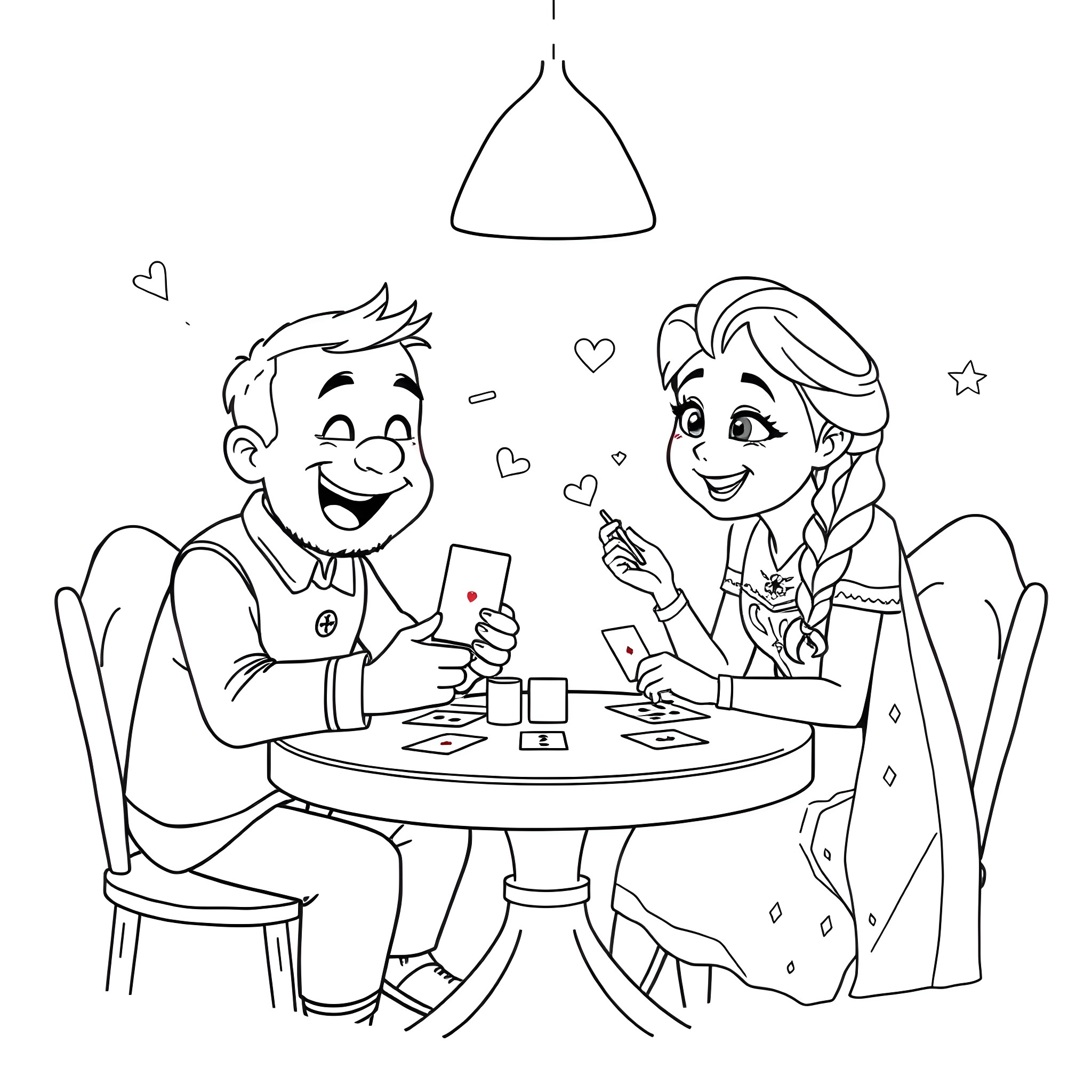 Onkel Reje's Romantic Cafe Date Coloring Page (free black-and-white line drawing printable PDF for all, from beginners to advanced learners, including children, teens, adults, and seniors)