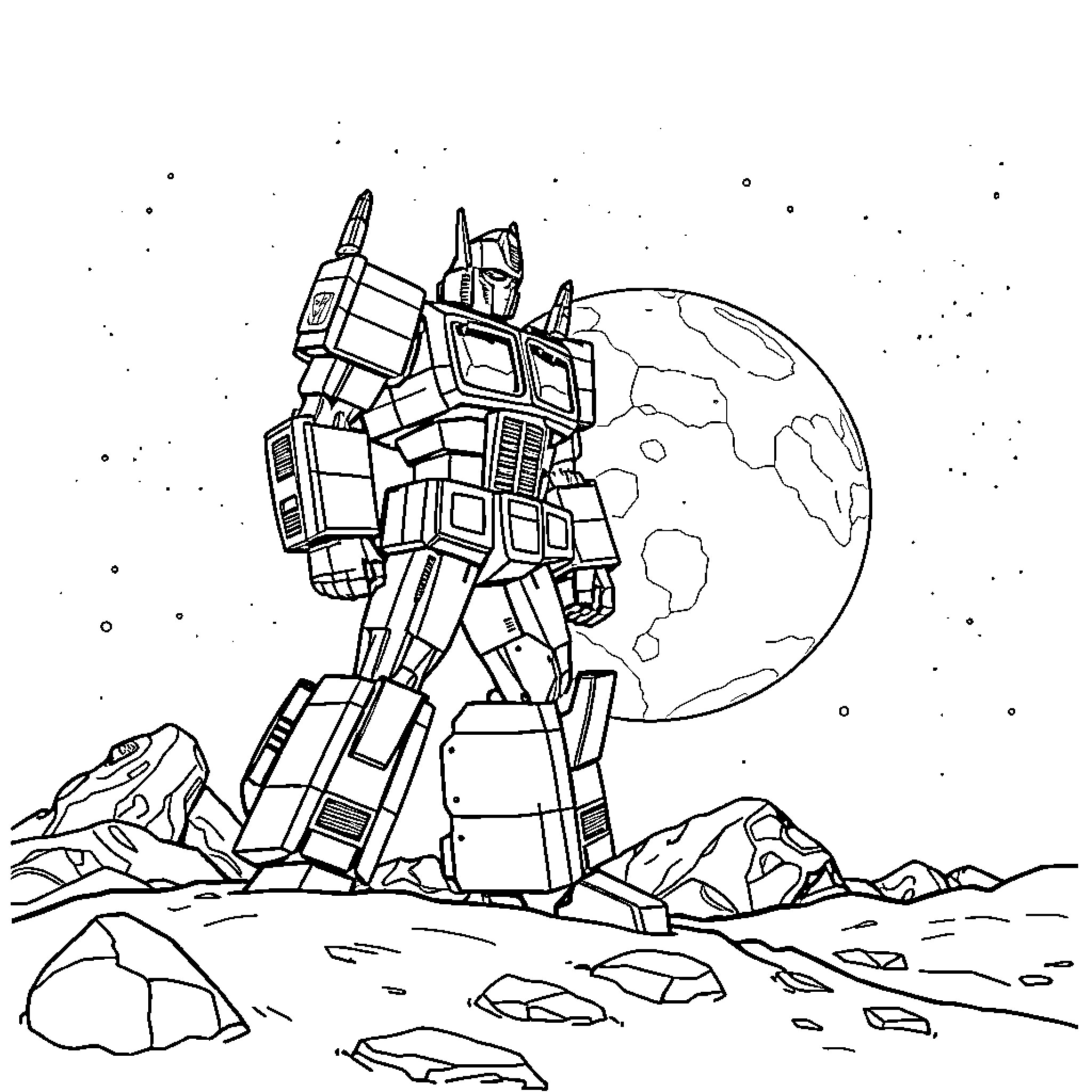 Optimus Prime conquering the alien landscape Coloring Page (free black-and-white line drawing printable PDF for all, from beginners to advanced learners, including children, teens, adults, and seniors)