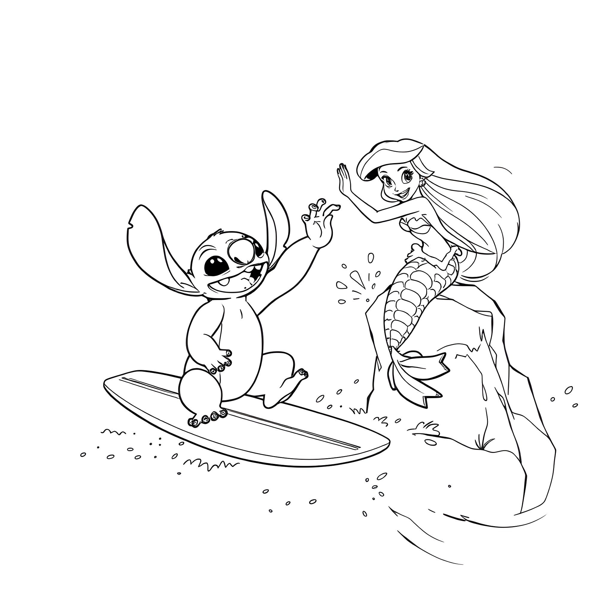 Stitch and Ariel playing together on the beach Coloring Page (free black-and-white line drawing printable PDF for all, from beginners to advanced learners, including children, teens, adults, and seniors)