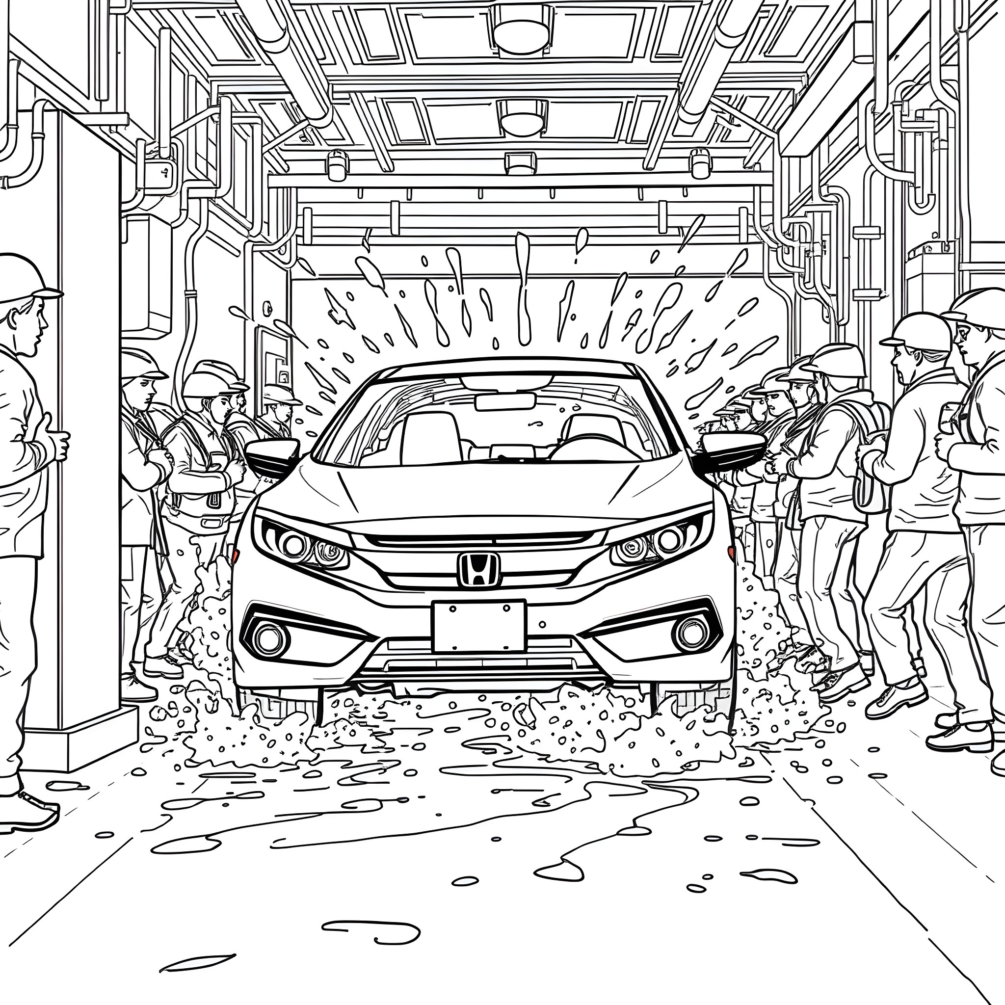 Car being assembled in a factory Coloring Page (free black-and-white line drawing printable PDF for all, from beginners to advanced learners, including children, teens, adults, and seniors)