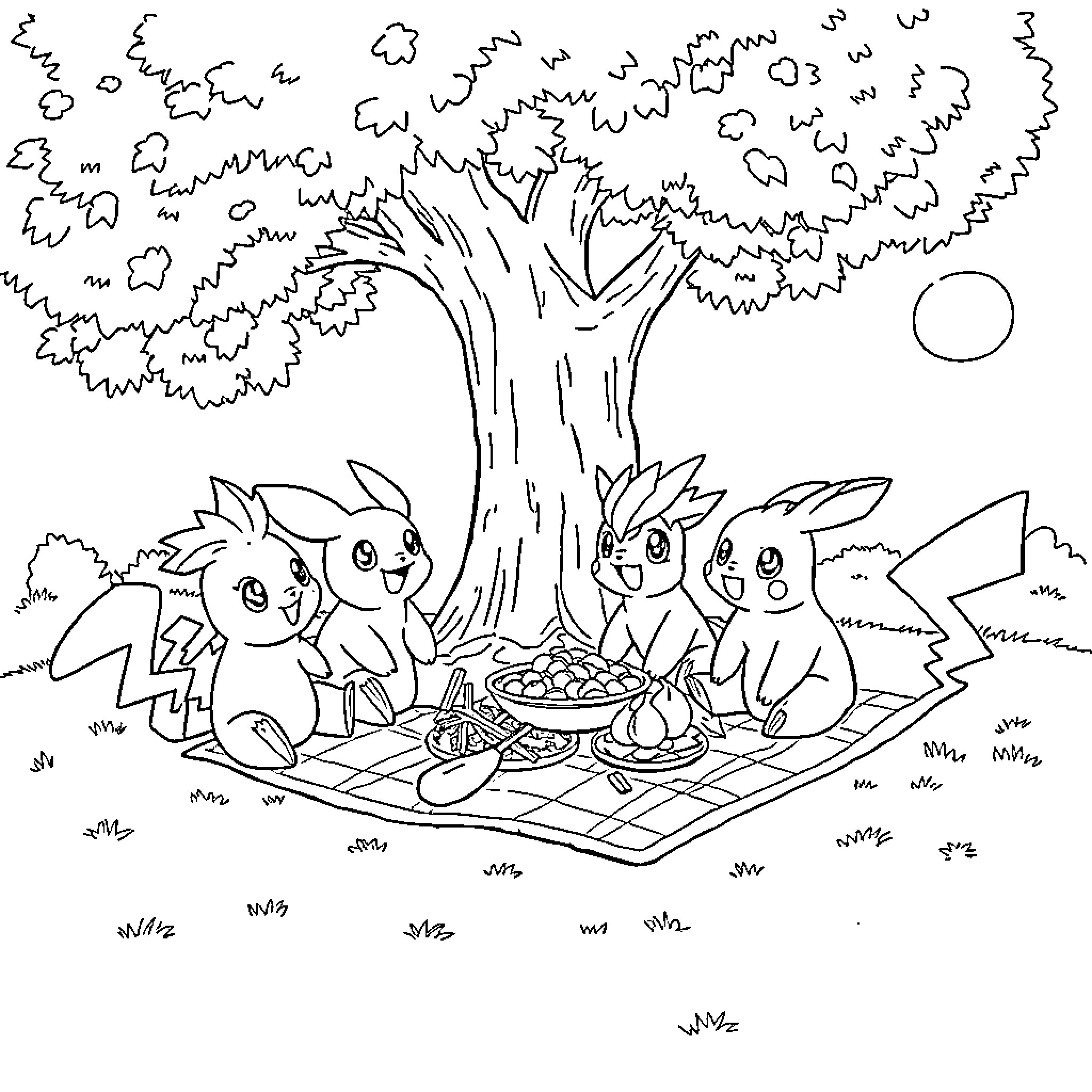 Pokémon Enjoying a Picnic Outdoors Coloring Page (free black-and-white line drawing printable PDF for all, from beginners to advanced learners, including children, teens, adults, and seniors)