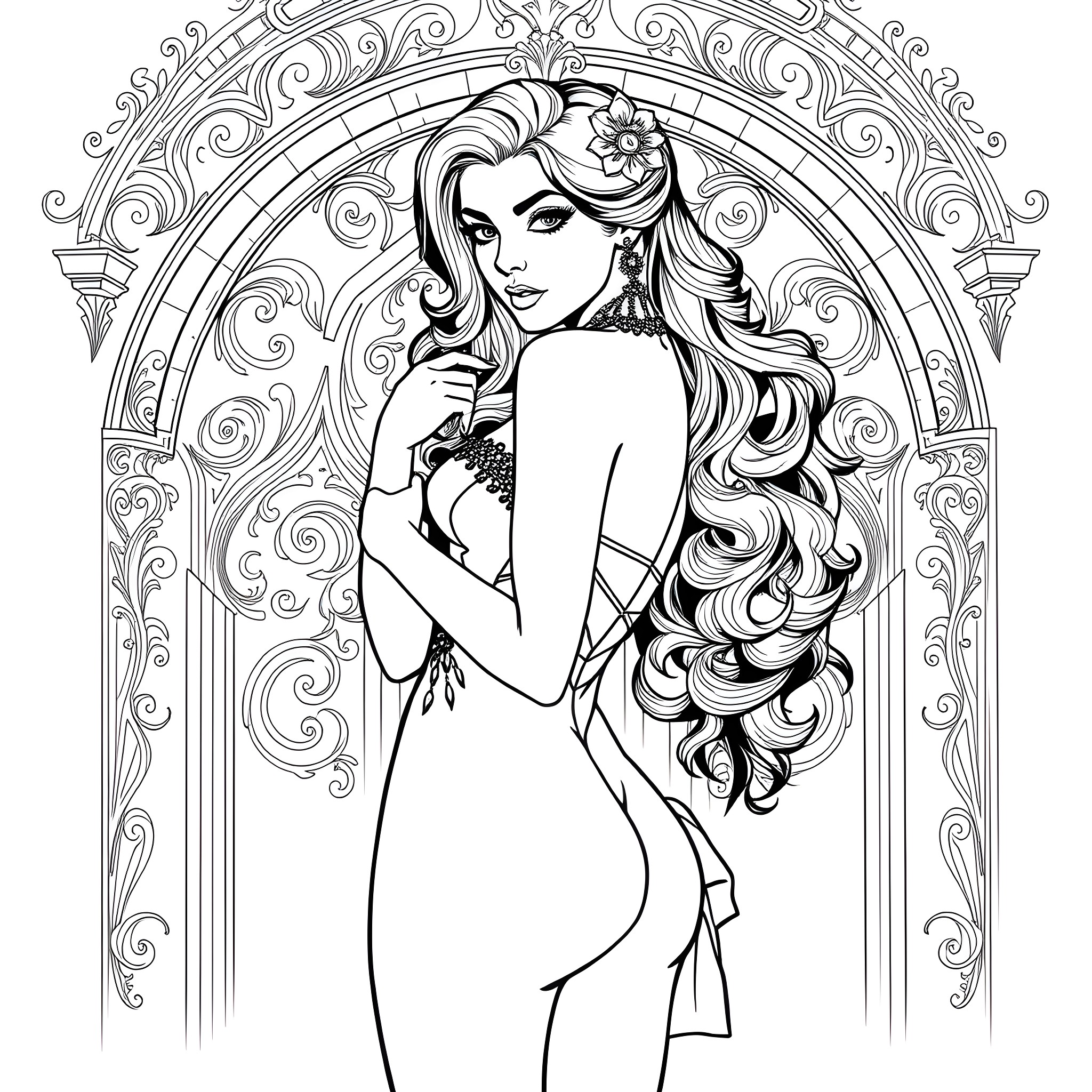 Gothic Pinup Posing Gracefully in Ornate Frame Coloring Page (free black-and-white line drawing printable PDF for all, from beginners to advanced learners, including children, teens, adults, and seniors)