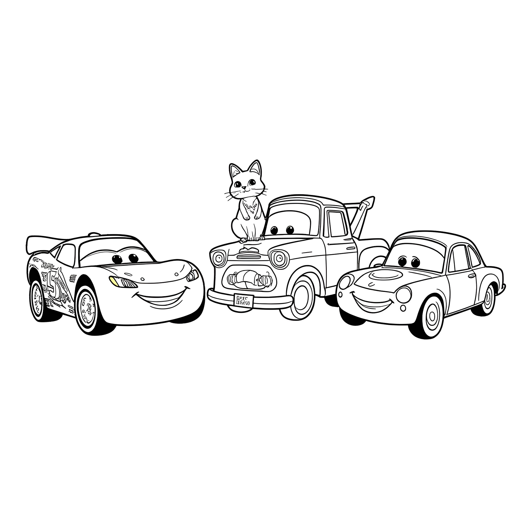 Cars in whimsical designs and expressions Coloring Page (free black-and-white line drawing printable PDF for all, from beginners to advanced learners, including children, teens, adults, and seniors)