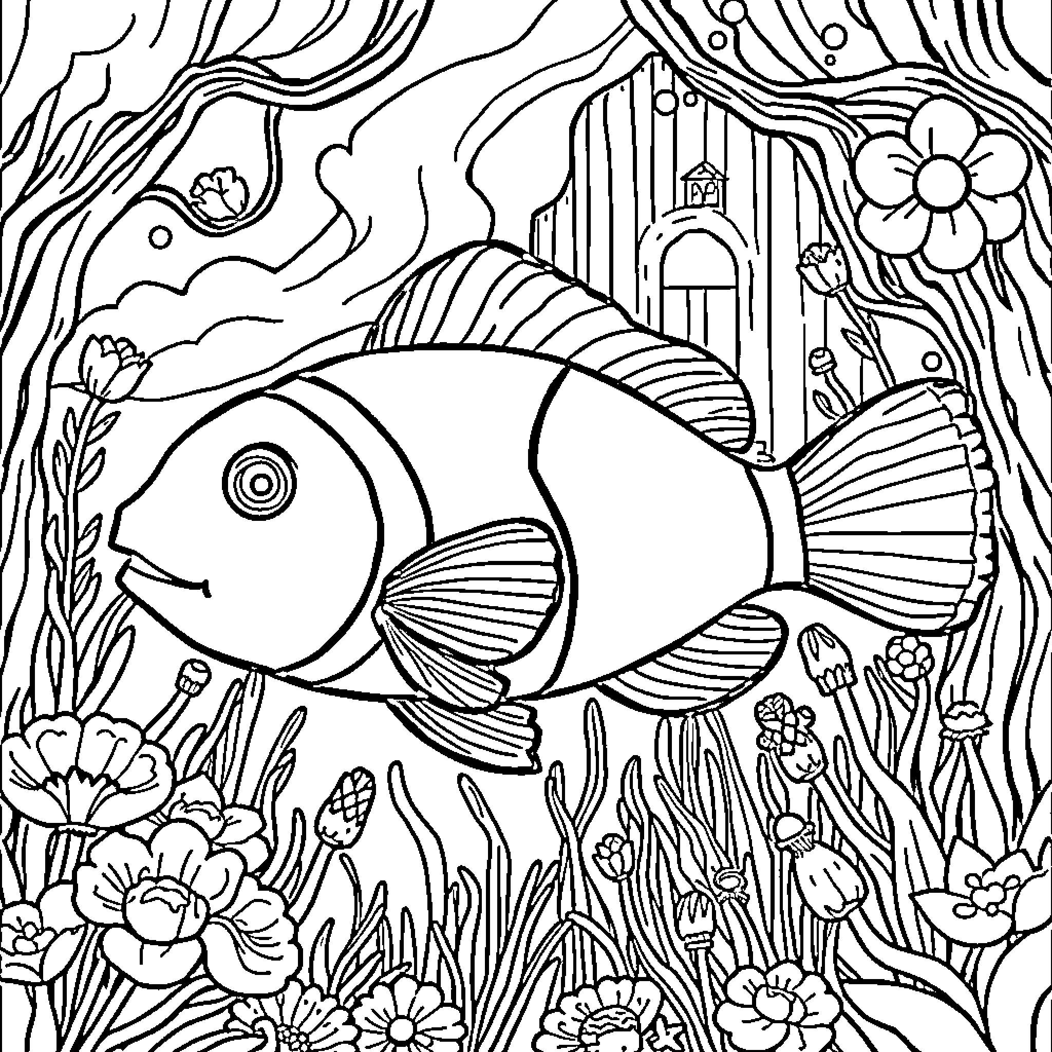 Clown Fish swimming in an underwater garden Coloring Page (free black-and-white line drawing printable PDF for all, from beginners to advanced learners, including children, teens, adults, and seniors)