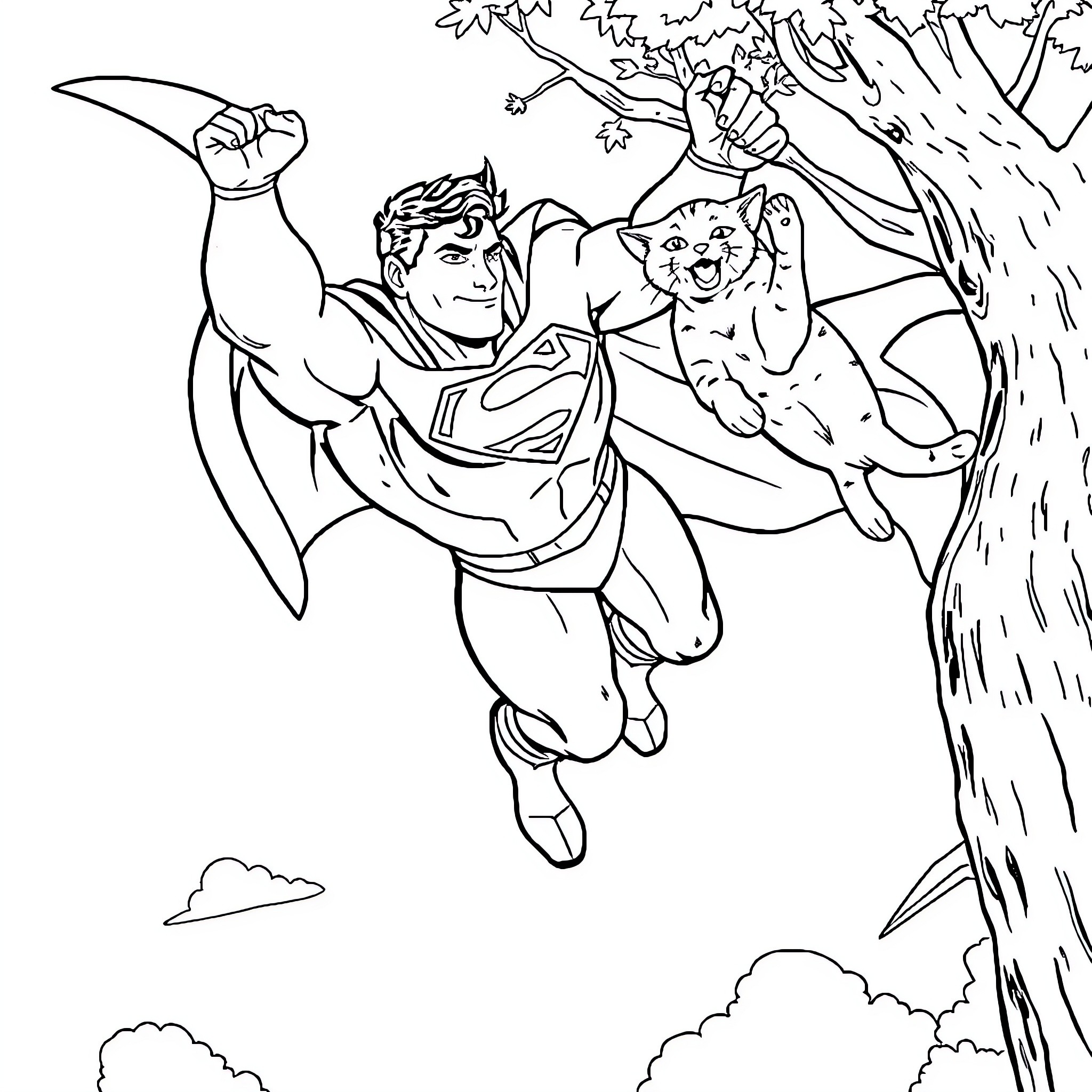Superman saving a puppy in the forest Coloring Page (free black-and-white line drawing printable PDF for all, from beginners to advanced learners, including children, teens, adults, and seniors)