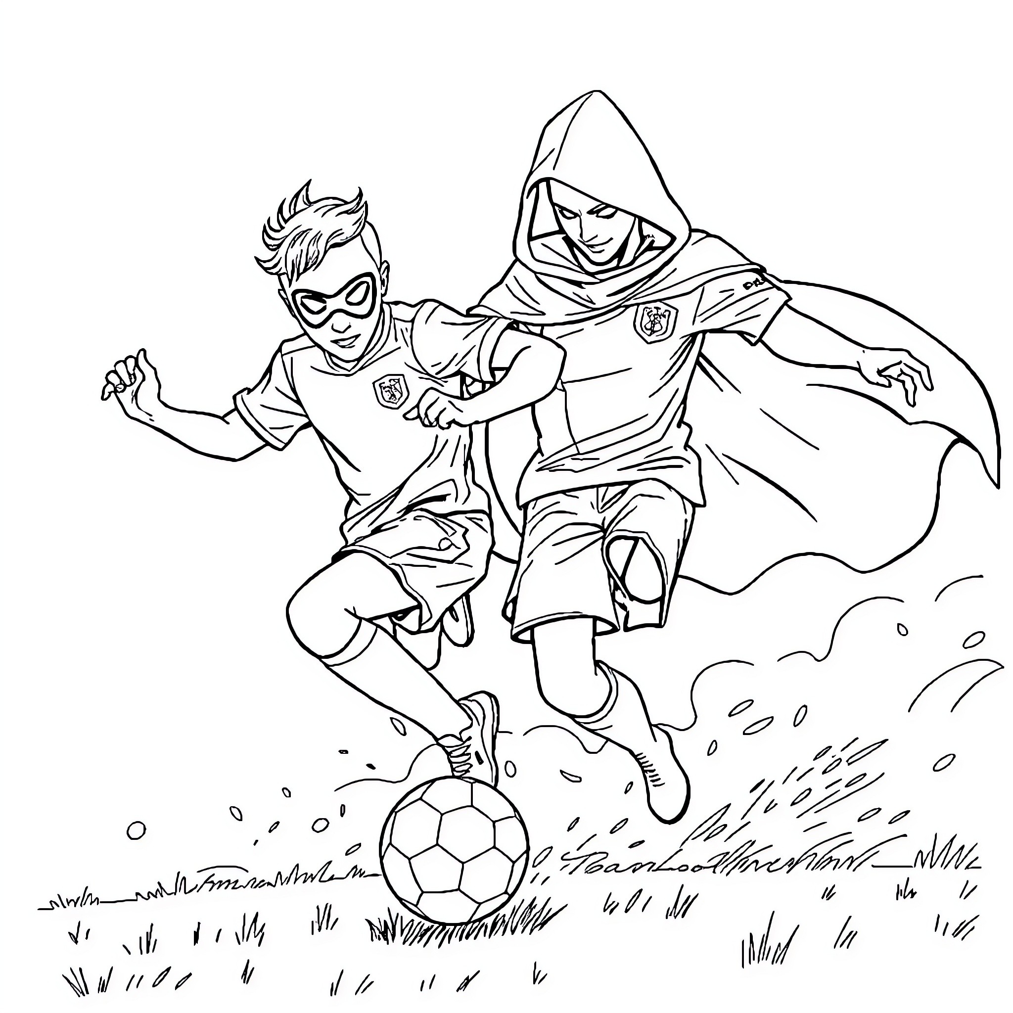 Tralalero Two Superheroes Playing Soccer on Field Coloring Page (free black-and-white line drawing printable PDF for all, from beginners to advanced learners, including children, teens, adults, and seniors)