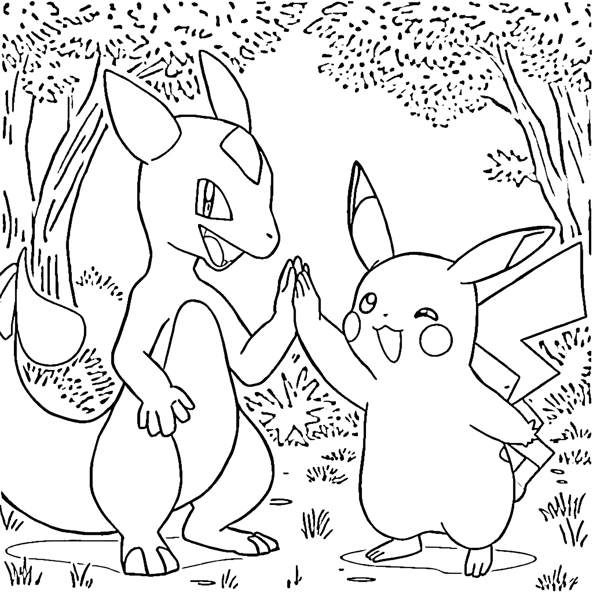 Pikachu and Eevee playing together in the forest Coloring Page (free black-and-white line drawing printable PDF for all, from beginners to advanced learners, including children, teens, adults, and seniors)