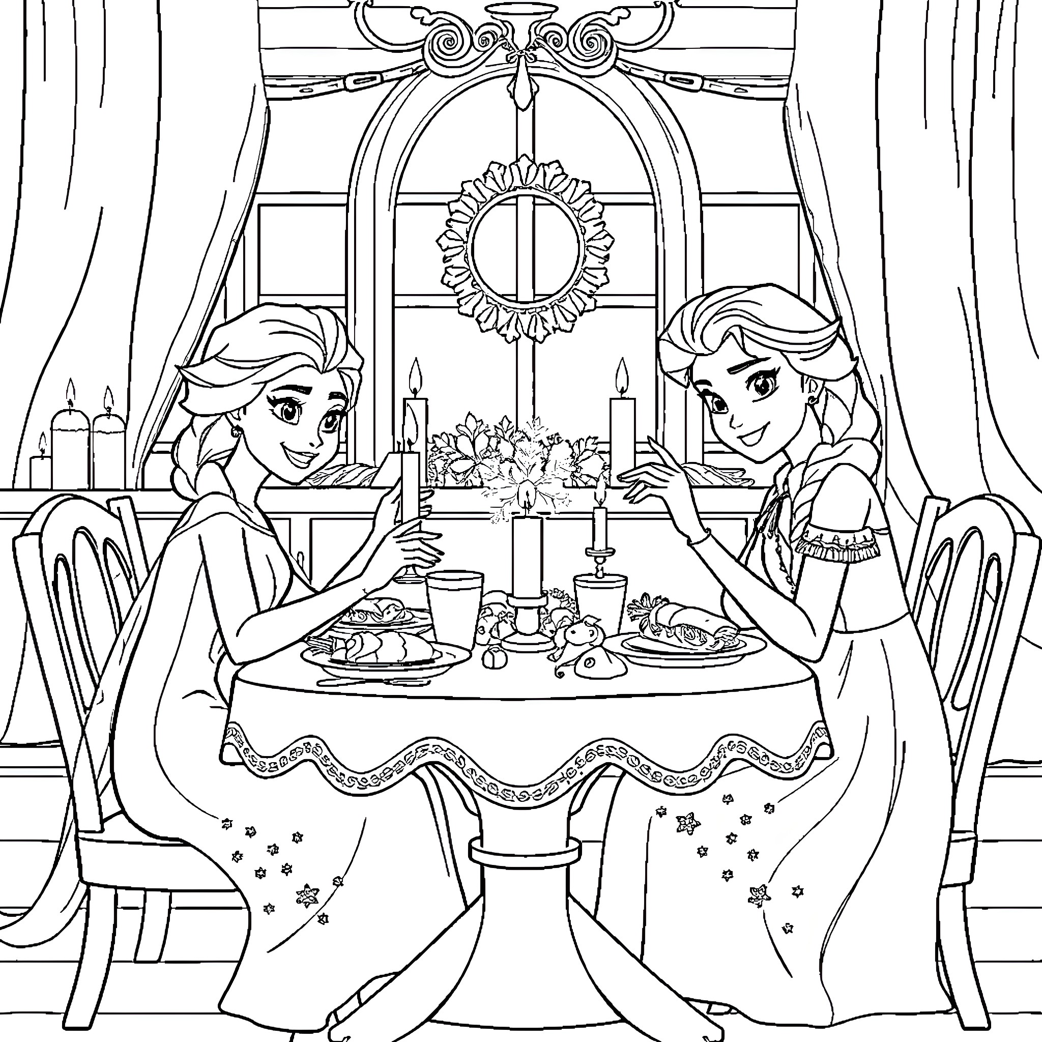 Elsa and Anna enjoying a cozy dinner together Coloring Page (free black-and-white line drawing printable PDF for all, from beginners to advanced learners, including children, teens, adults, and seniors)
