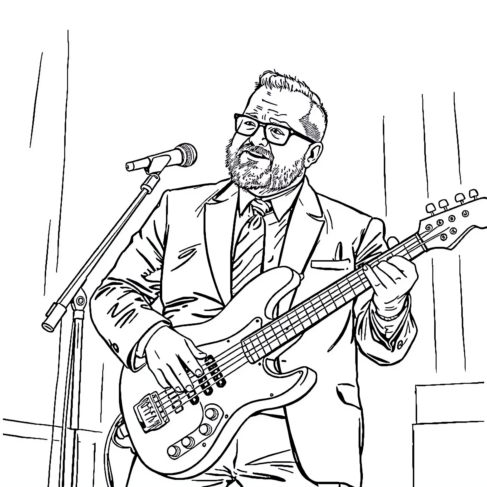 Senator performs on stage with electric guitar Coloring Page (free black-and-white line drawing printable PDF for all, from beginners to advanced learners, including children, teens, adults, and seniors)