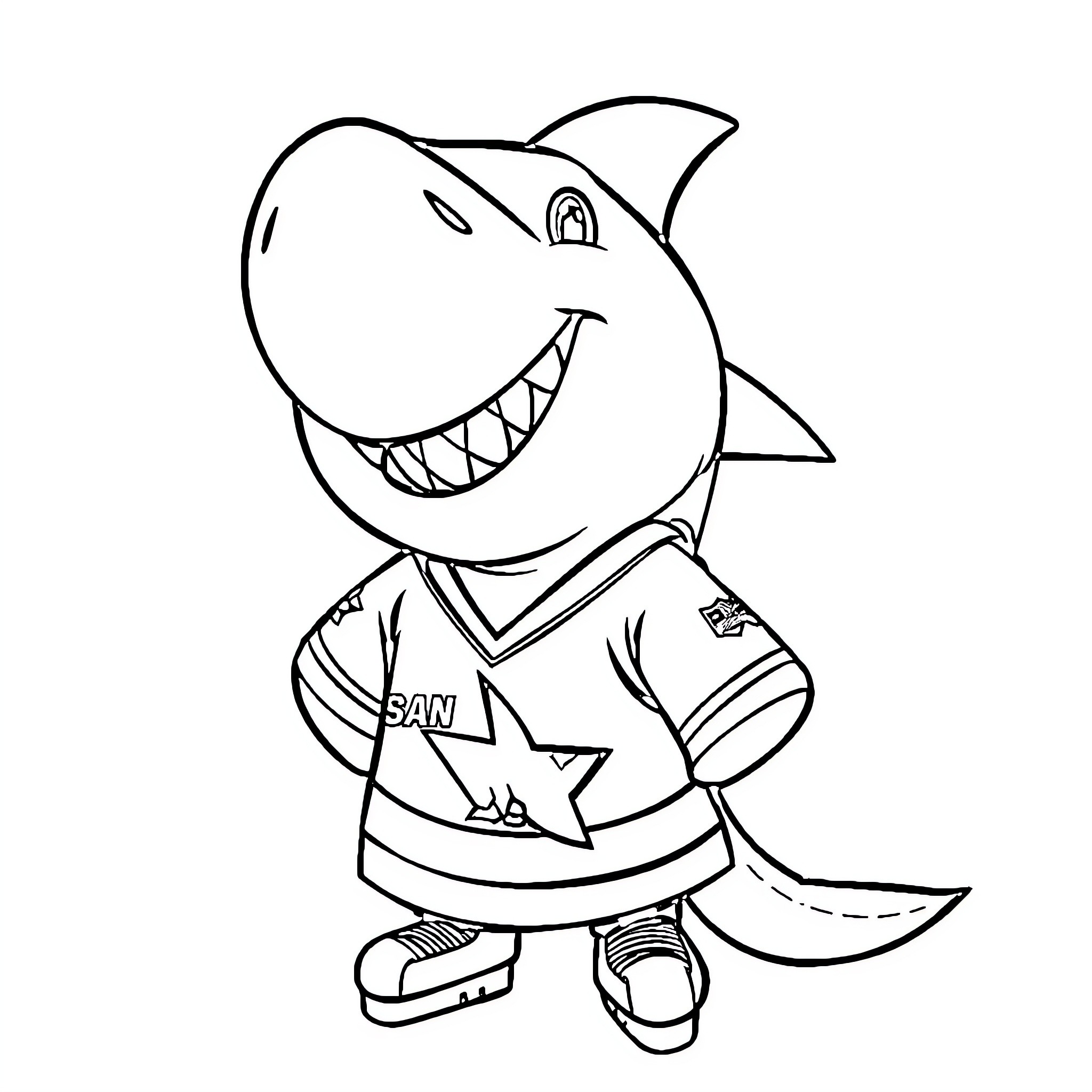 Shark in casual outfit with a friendly expression Coloring Page (free black-and-white line drawing printable PDF for all, from beginners to advanced learners, including children, teens, adults, and seniors)