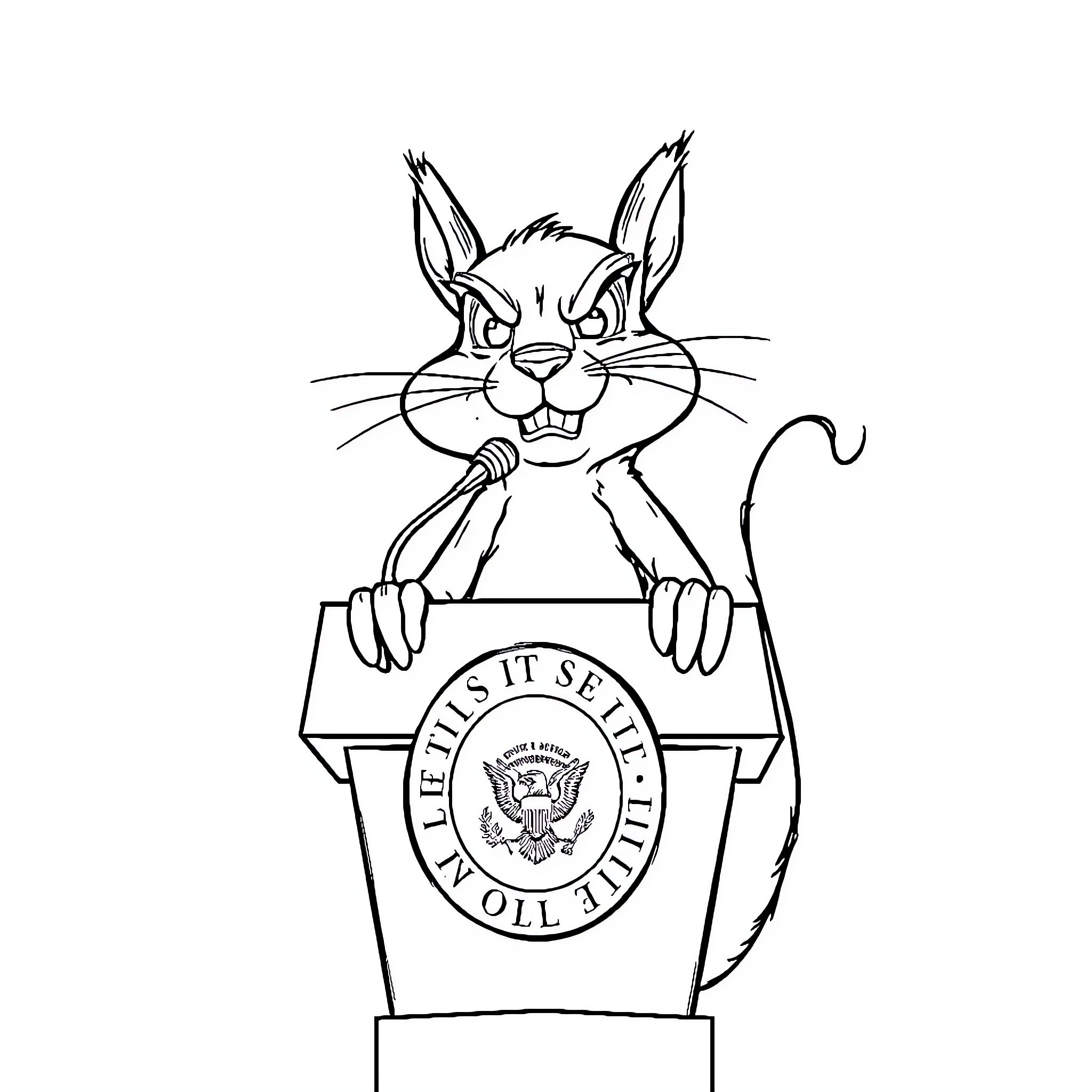 Squirrel giving speech from podium Coloring Page (free black-and-white line drawing printable PDF for all, from beginners to advanced learners, including children, teens, adults, and seniors)
