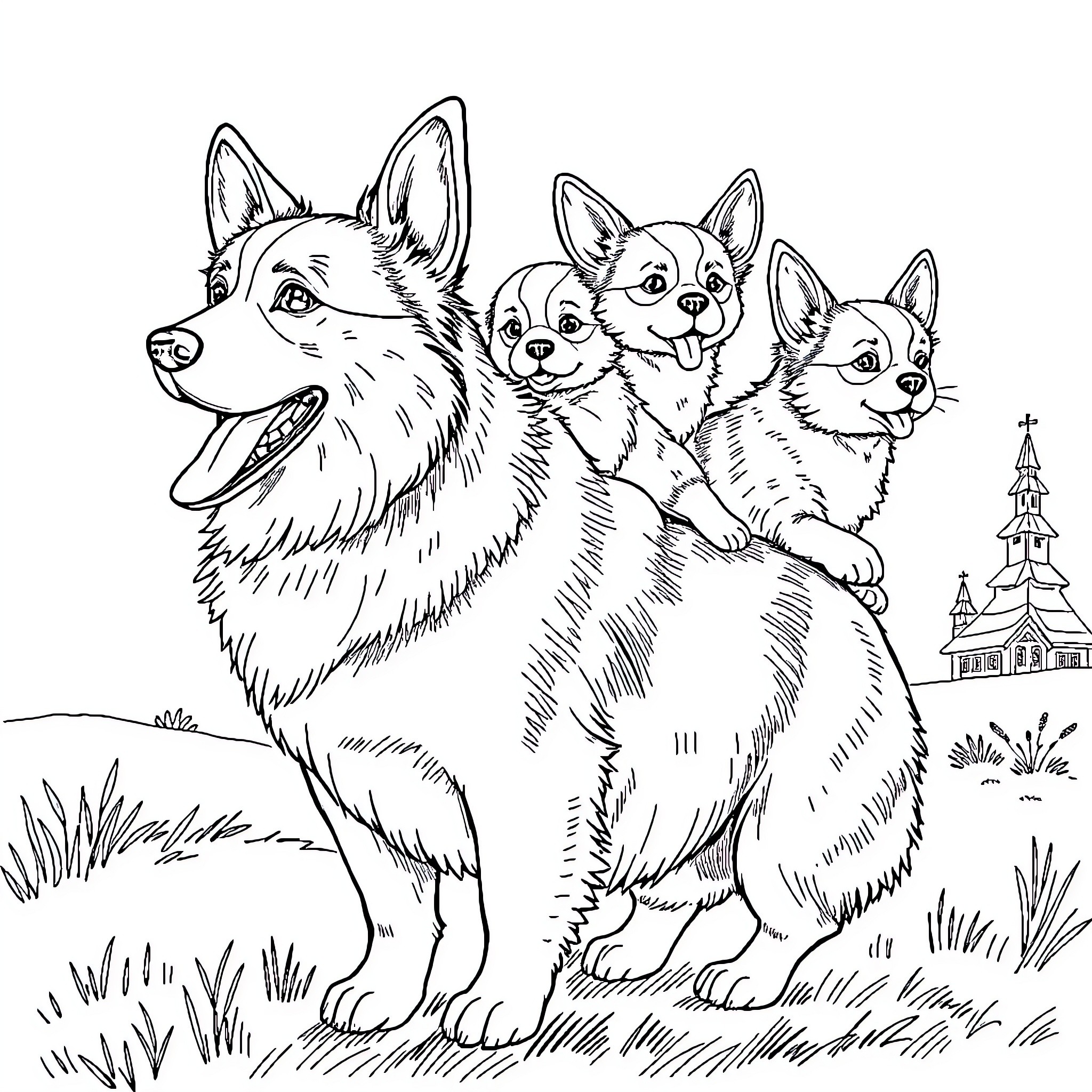 Corgi family enjoying the outdoors Coloring Page (free black-and-white line drawing printable PDF for all, from beginners to advanced learners, including children, teens, adults, and seniors)