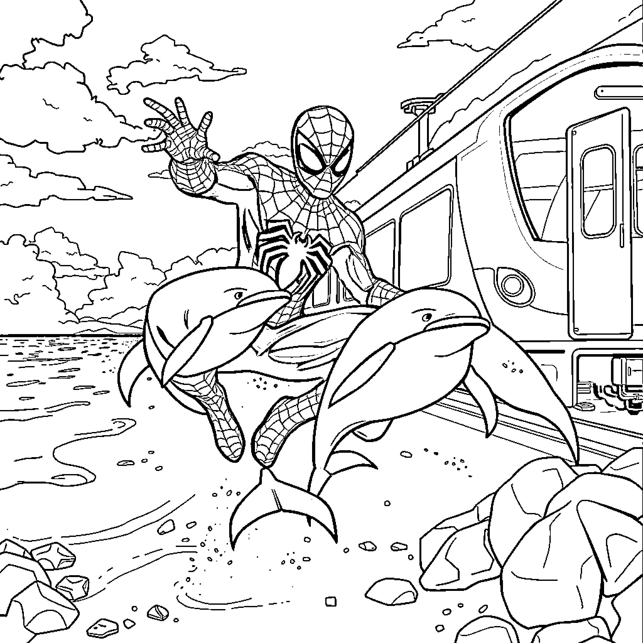 Spiderman saves dolphins from dangerous situation Coloring Page (free black-and-white line drawing printable PDF for all, from beginners to advanced learners, including children, teens, adults, and seniors)