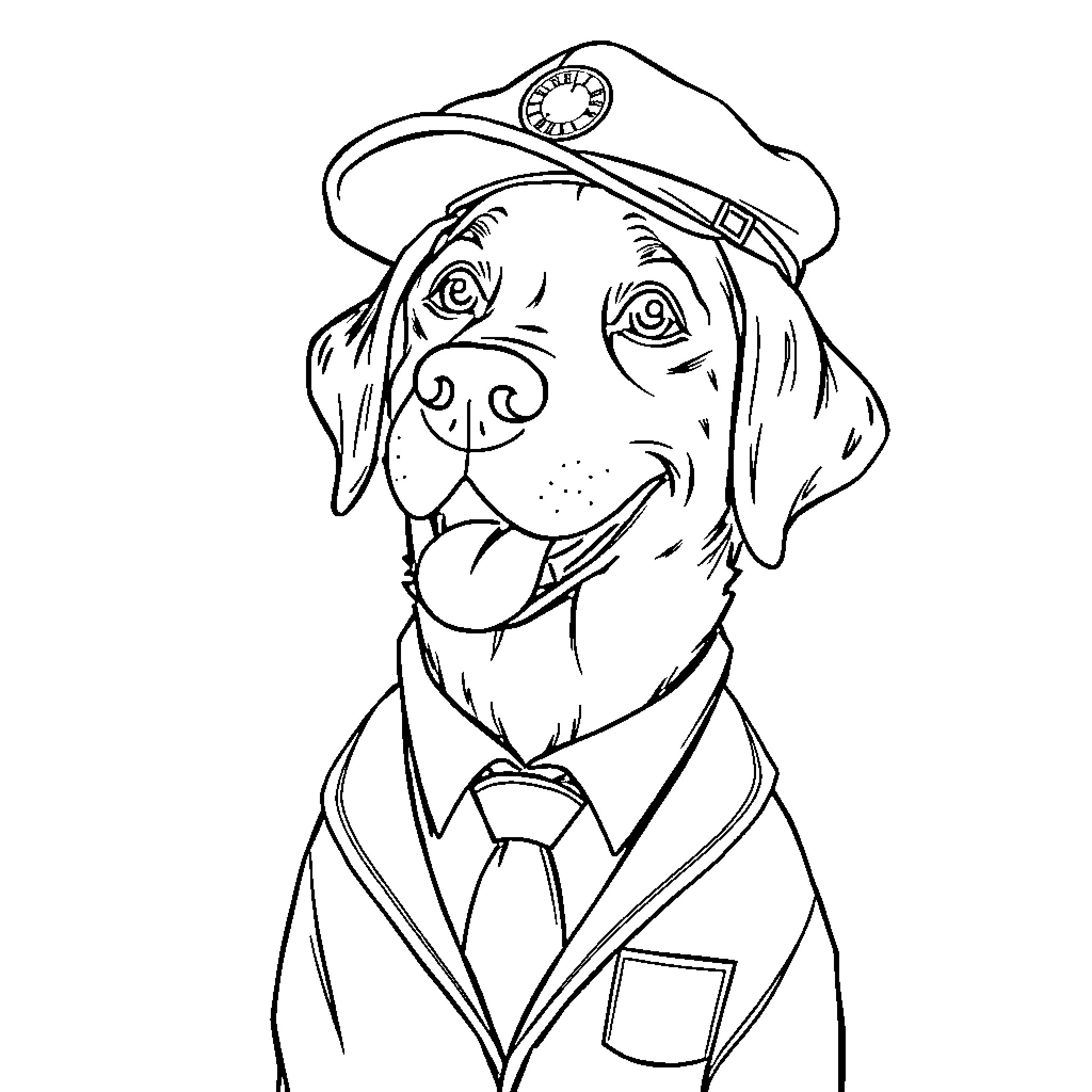Labrador in Sailor Hat and Uniform Coloring Page (free black-and-white line drawing printable PDF for all, from beginners to advanced learners, including children, teens, adults, and seniors)