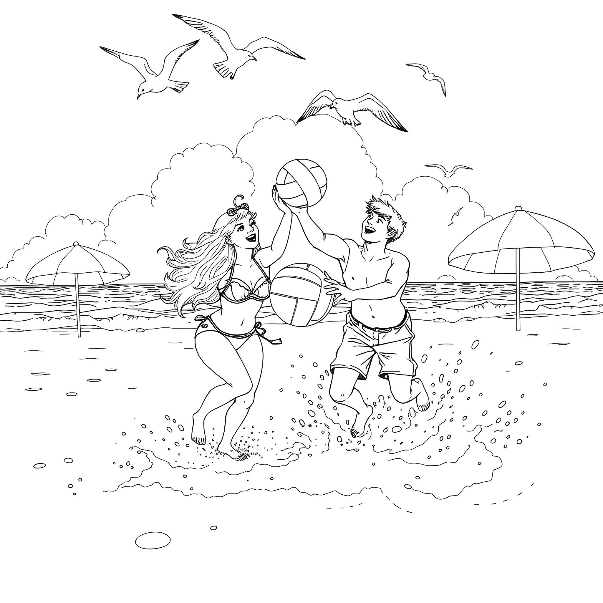 Leona enjoying beachside activities with friends Coloring Page (free black-and-white line drawing printable PDF for all, from beginners to advanced learners, including children, teens, adults, and seniors)
