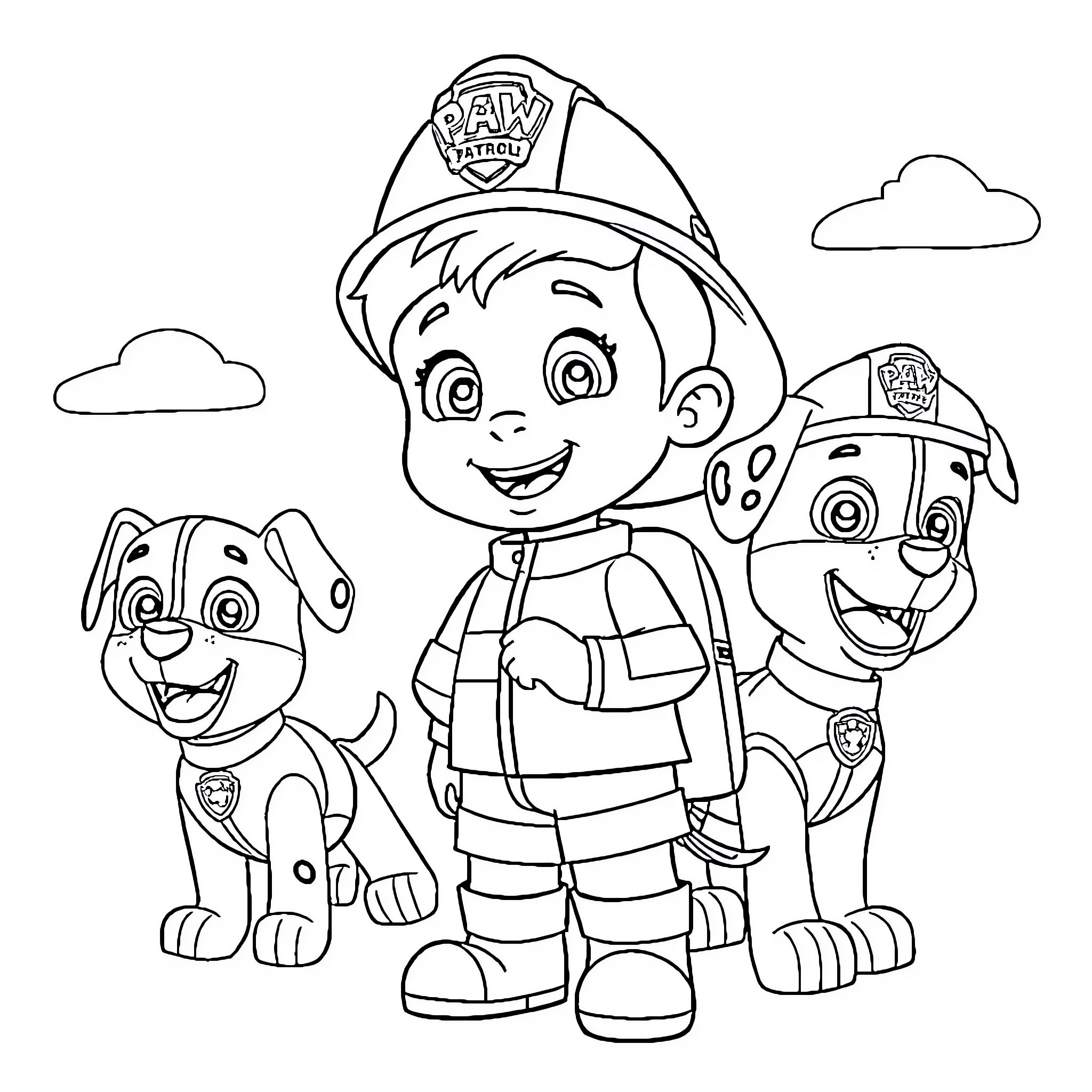 Toddler firefighters with their dog teammates Coloring Page (free black-and-white line drawing printable PDF for all, from beginners to advanced learners, including children, teens, adults, and seniors)