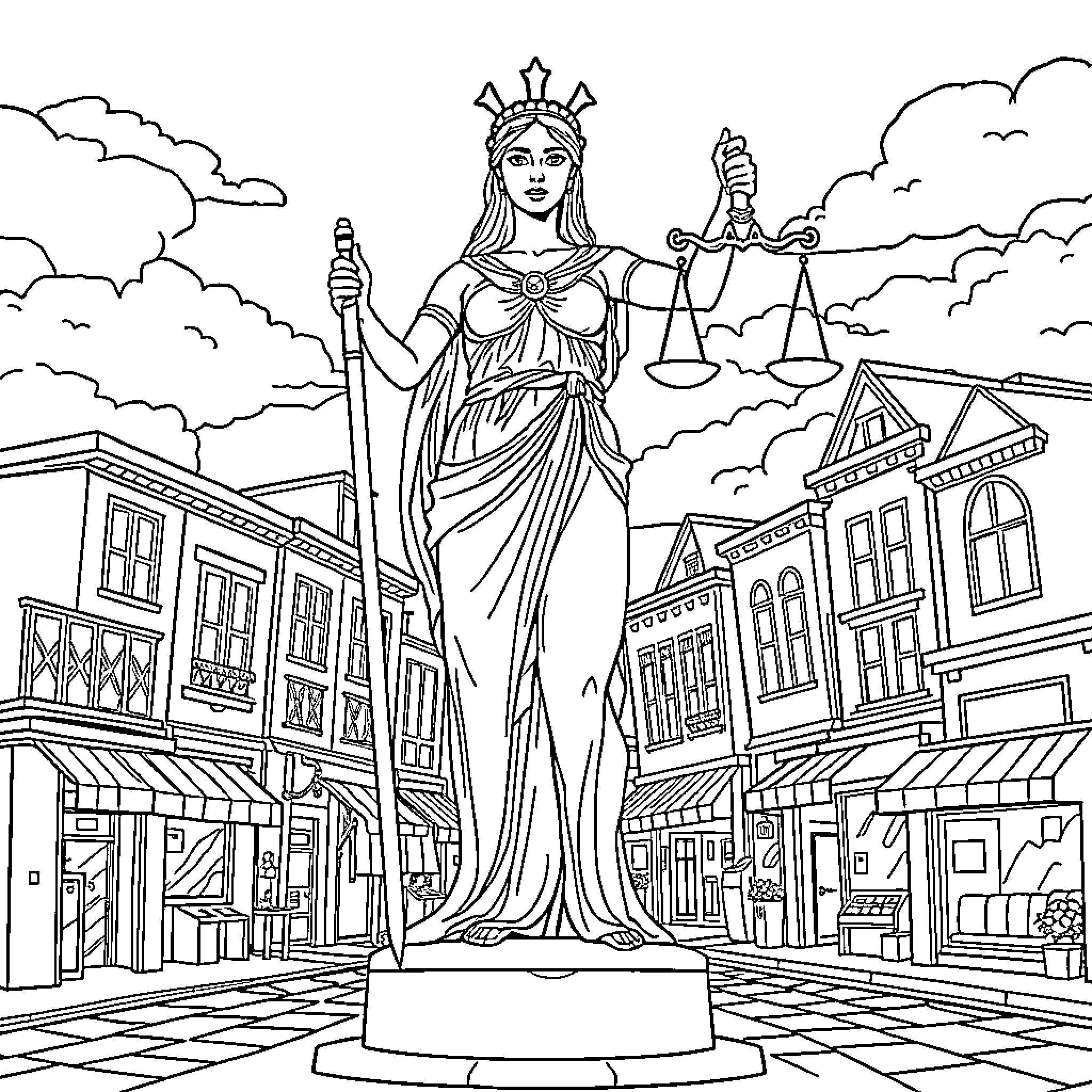 Lady Justice overlooking a bustling town square Coloring Page (free black-and-white line drawing printable PDF for all, from beginners to advanced learners, including children, teens, adults, and seniors)