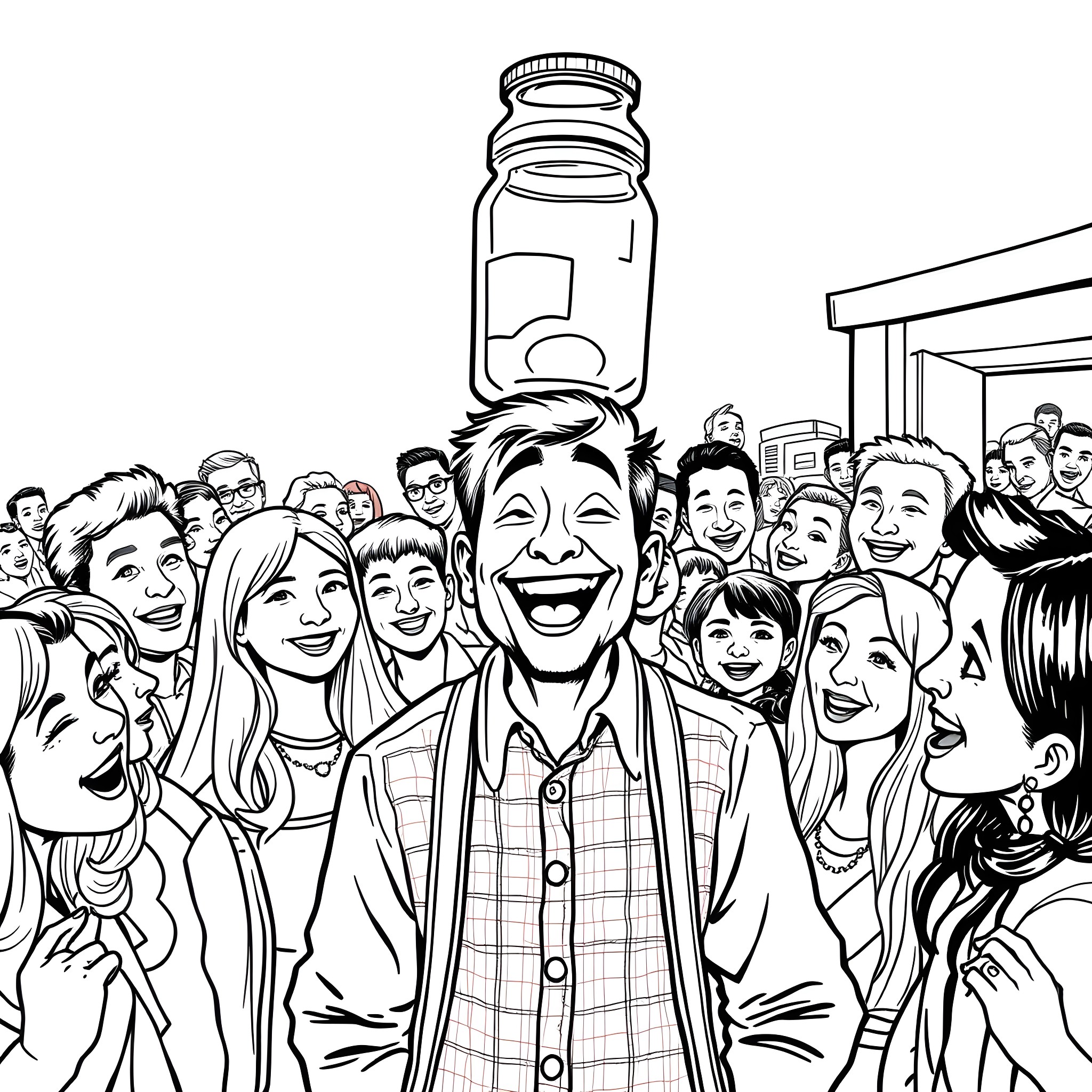 Man laughing joyfully surrounded by happy people Coloring Page (free black-and-white line drawing printable PDF for all, from beginners to advanced learners, including children, teens, adults, and seniors)