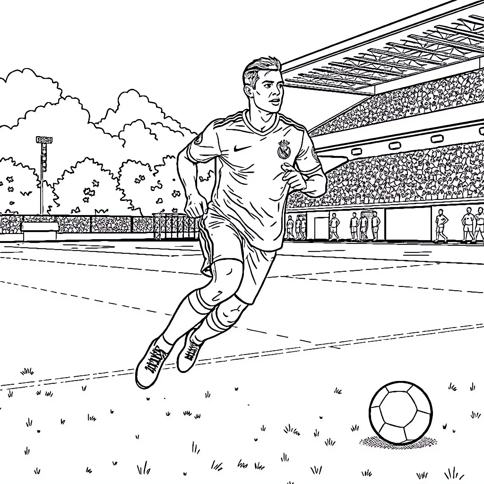 Cristiano Ronaldo playing soccer on the field Coloring Page (free black-and-white line drawing printable PDF for all, from beginners to advanced learners, including children, teens, adults, and seniors)