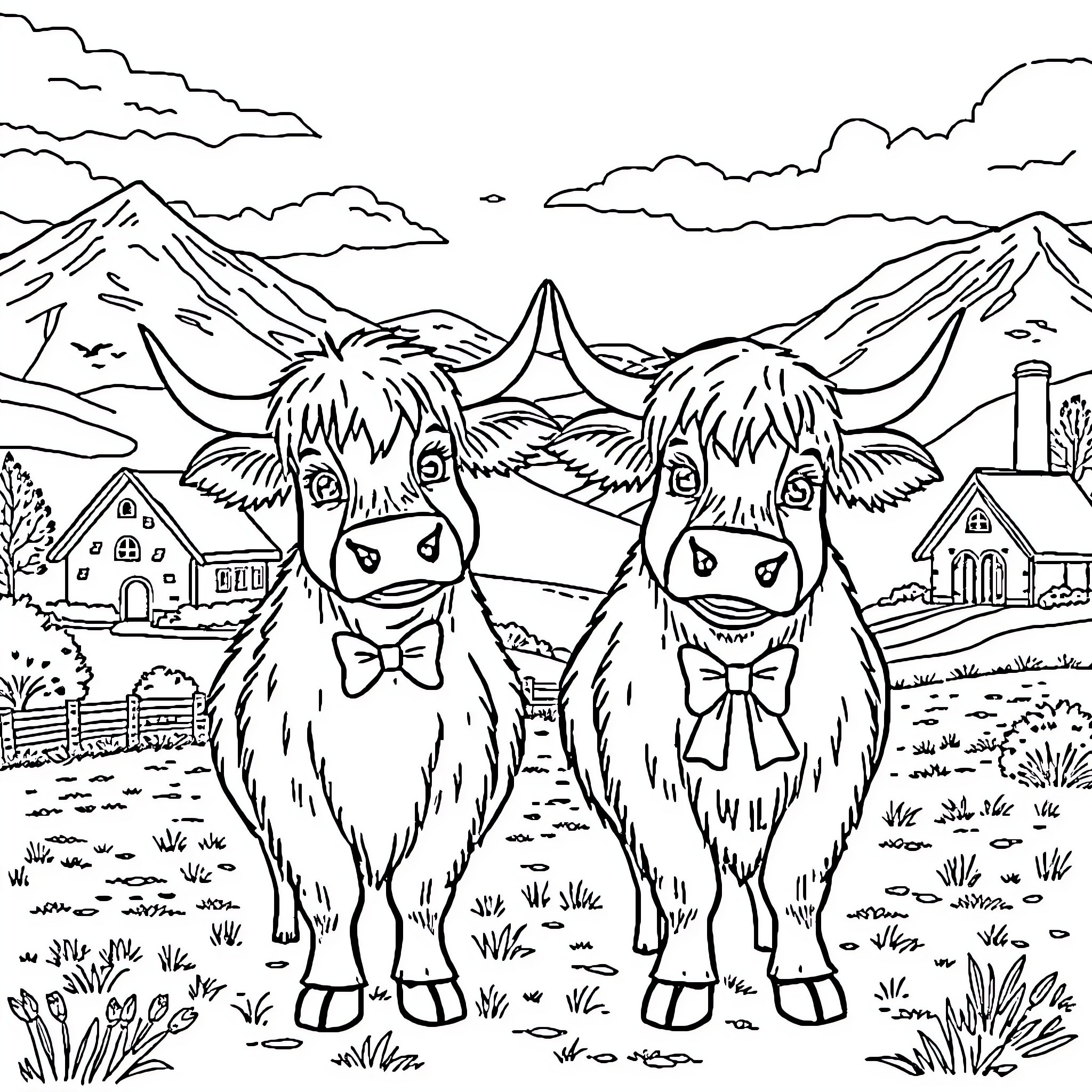 Highland Cattle in a Scenic Mountain Landscape Coloring Page (free black-and-white line drawing printable PDF for all, from beginners to advanced learners, including children, teens, adults, and seniors)