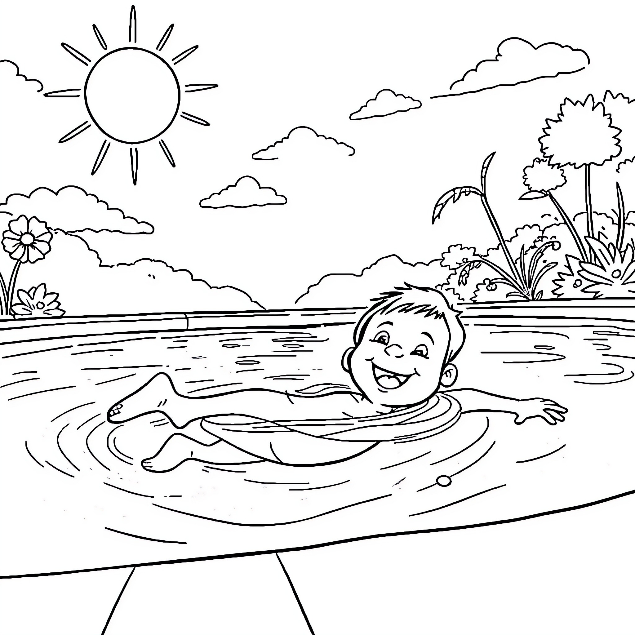 Jack swimming joyfully in the pool on a sunny day Coloring Page (free black-and-white line drawing printable PDF for all, from beginners to advanced learners, including children, teens, adults, and seniors)