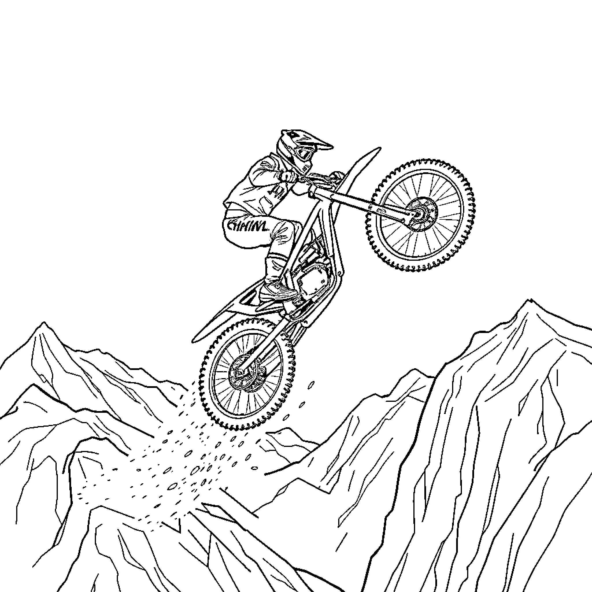 Rider soaring over rugged mountain terrain Coloring Page (free black-and-white line drawing printable PDF for all, from beginners to advanced learners, including children, teens, adults, and seniors)