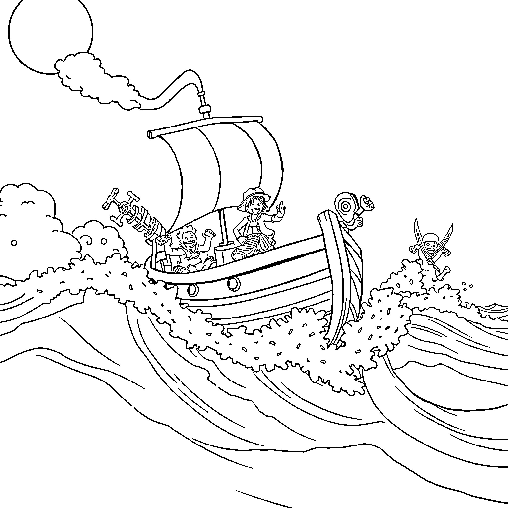 Boat sailing with pirates on high seas Coloring Page (free black-and-white line drawing printable PDF for all, from beginners to advanced learners, including children, teens, adults, and seniors)