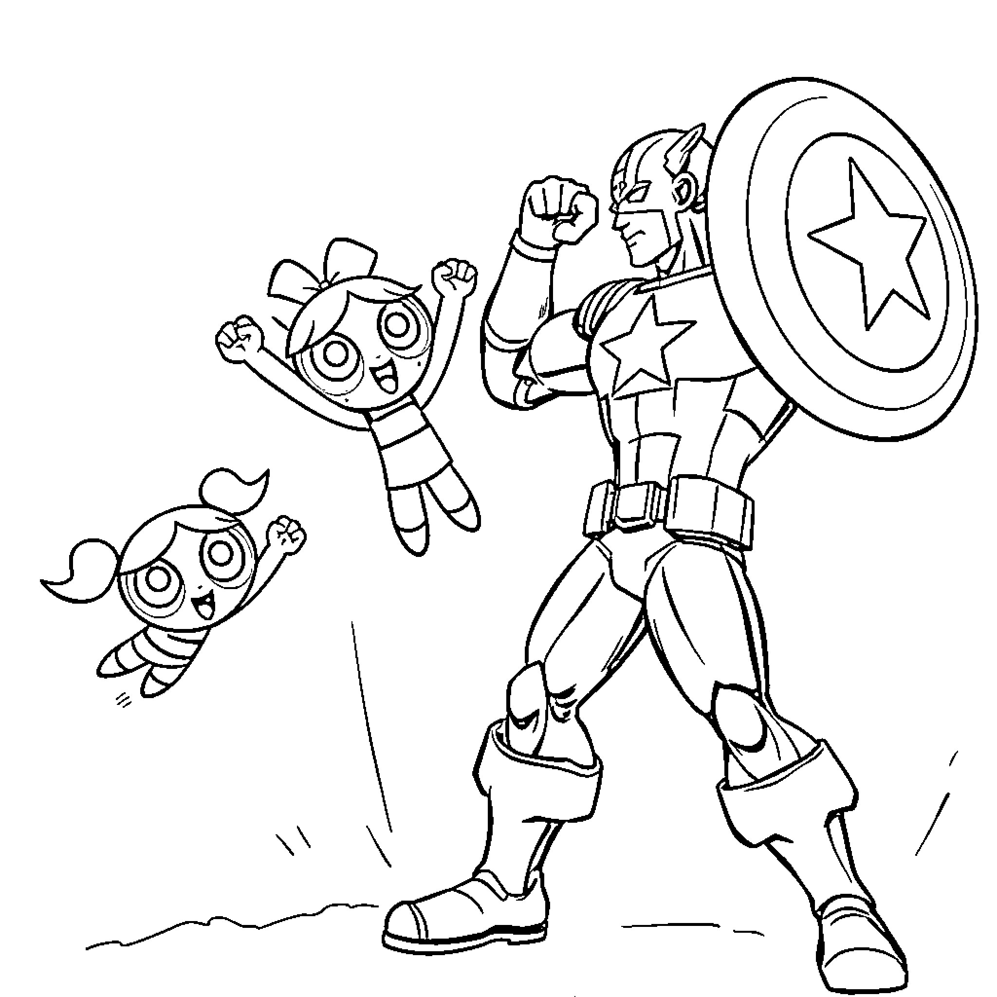 Powerpuff Girls assisting Captain America in action Coloring Page (free black-and-white line drawing printable PDF for all, from beginners to advanced learners, including children, teens, adults, and seniors)
