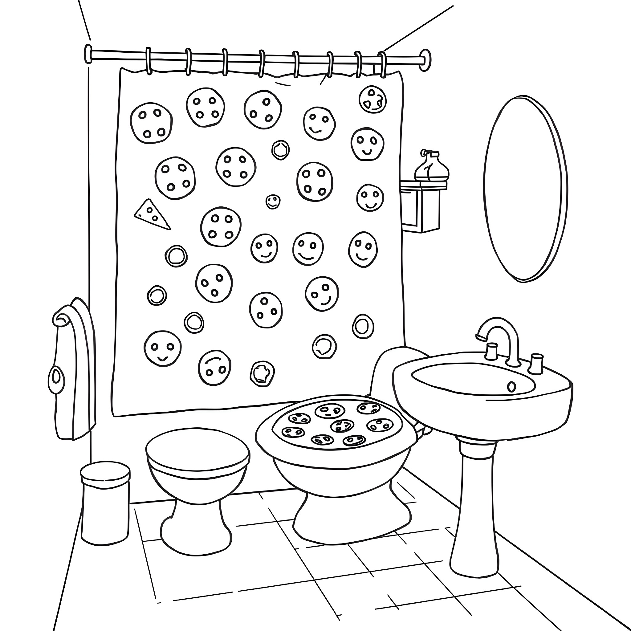 Pizza Bathroom Decor with Smiling Faces Coloring Page (free black-and-white line drawing printable PDF for all, from beginners to advanced learners, including children, teens, adults, and seniors)
