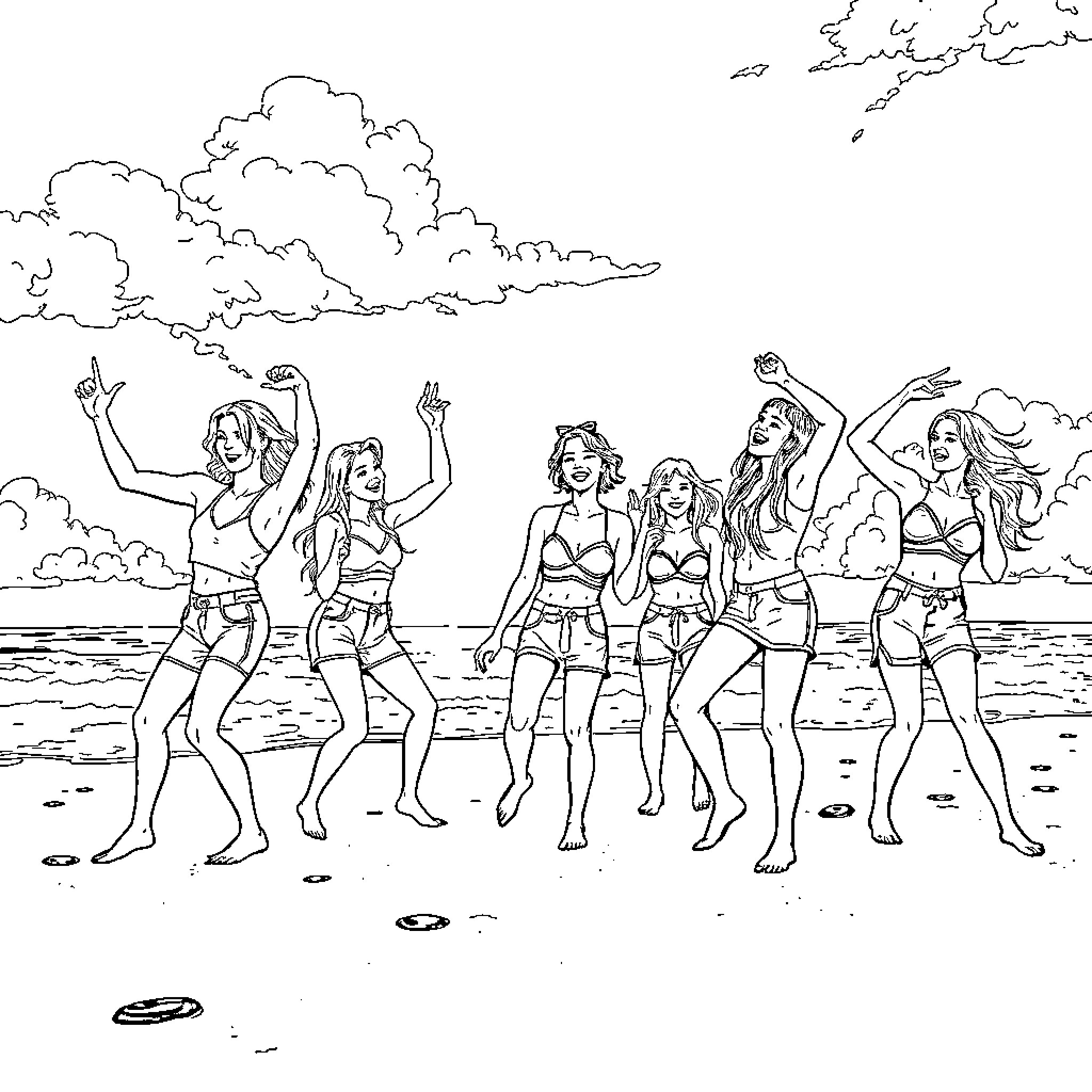 Kpop dancers perform energetic beach routine Coloring Page (free black-and-white line drawing printable PDF for all, from beginners to advanced learners, including children, teens, adults, and seniors)