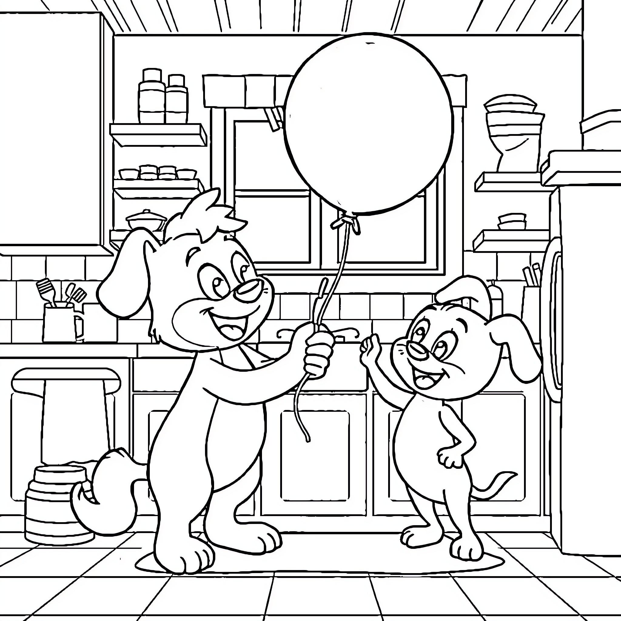 Bluey Playing With Balloon in Vet Clinic Coloring Page (free black-and-white line drawing printable PDF for all, from beginners to advanced learners, including children, teens, adults, and seniors)