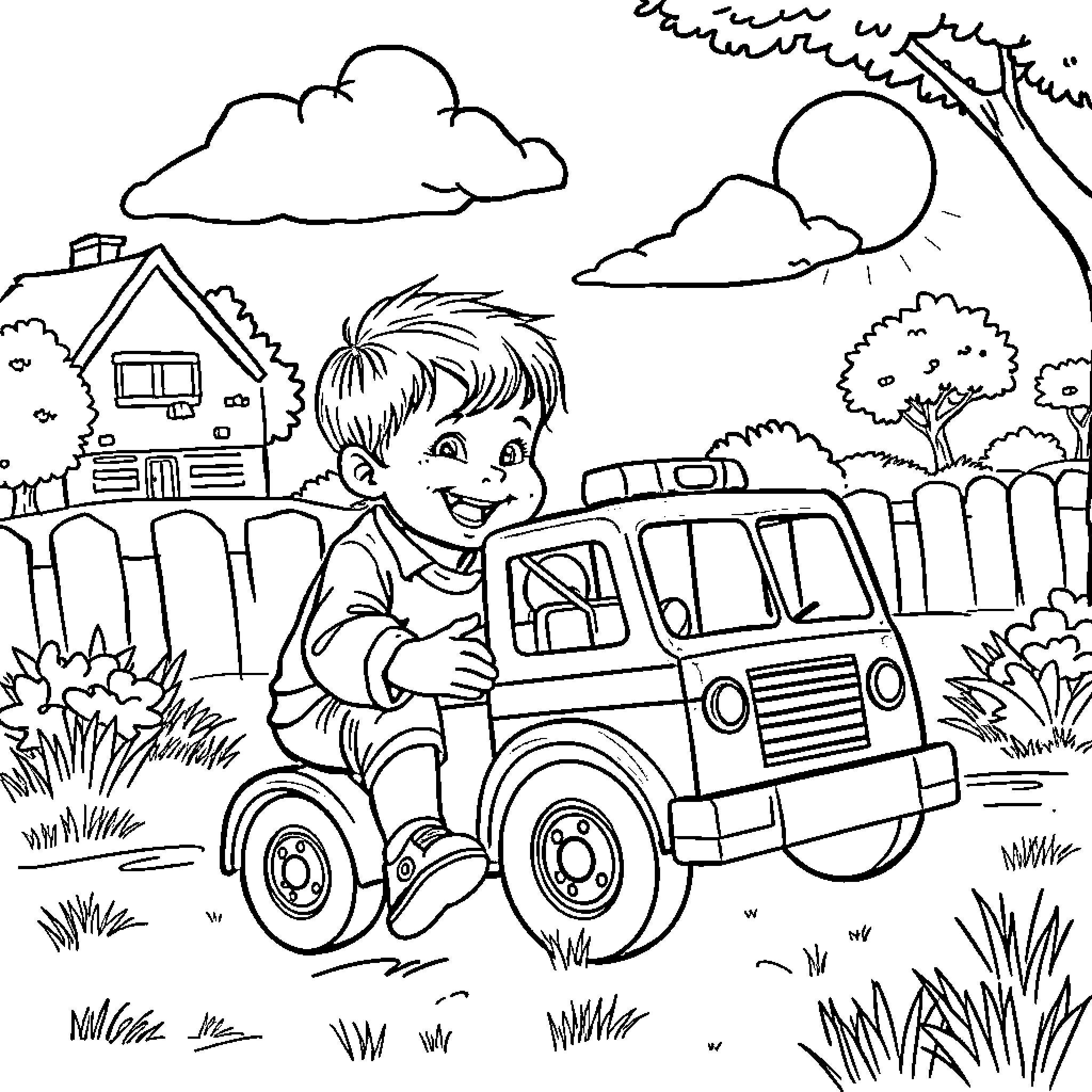 Child playing joyfully with toy vehicle in yard Coloring Page (free black-and-white line drawing printable PDF for all, from beginners to advanced learners, including children, teens, adults, and seniors)